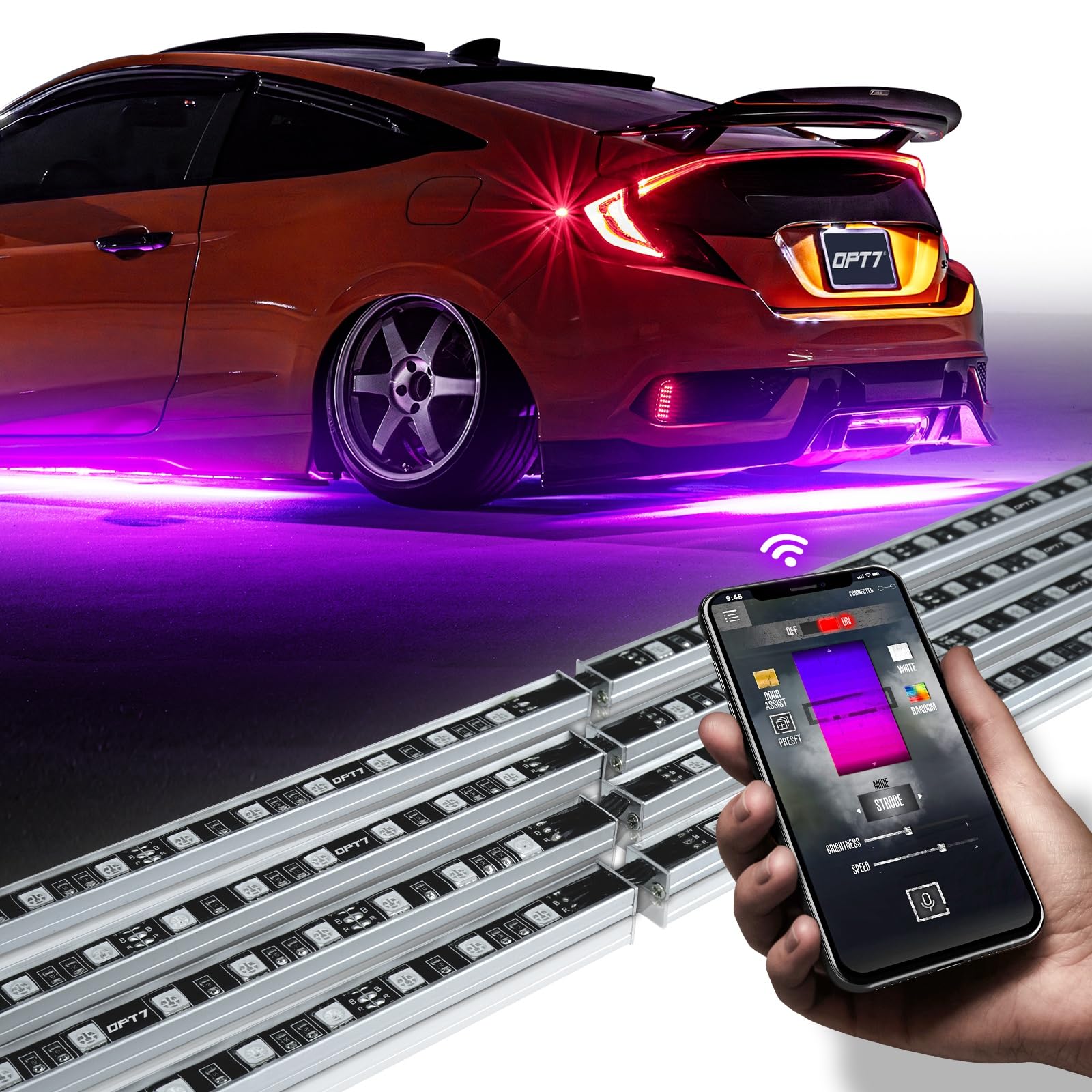 Opt7 Aura Pro Underglow Led Lights Kit For Car With App & Remote Control, Rgb Multicolor Modes, Music Sync, Waterproof Rigid Alu