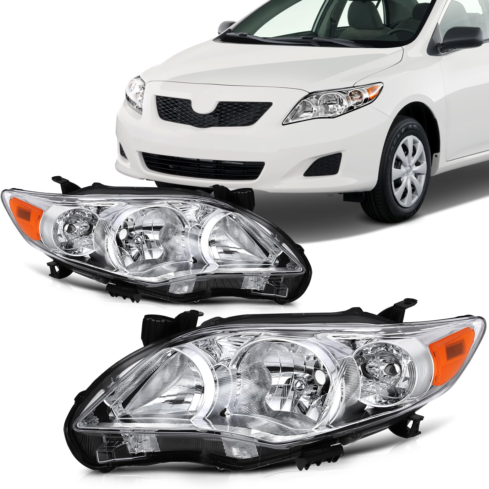 SCITOO Headlight Assembly Fits For Toyota Corolla 2011-2013 headlamp in Chrome Housing Amber Reflector Clear Lens