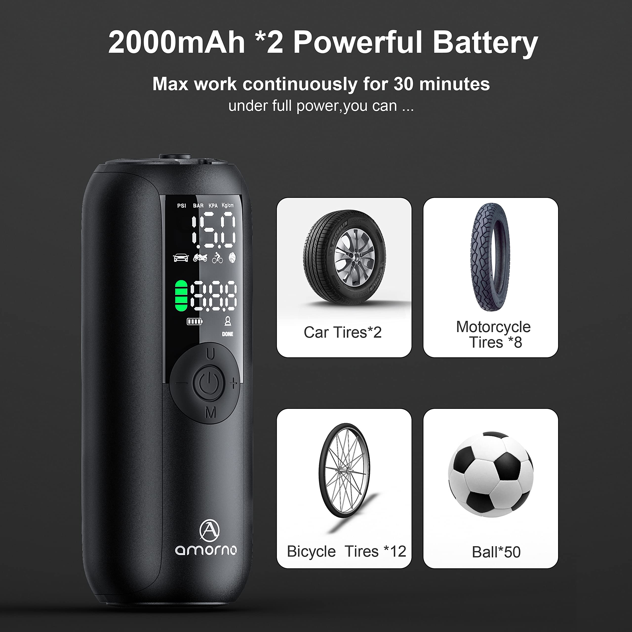 AMORNO Portable Air Compressor Mini Bike Pump 150 PSI Electric Inflator with Digital LCD Screen, LED Lights, Black