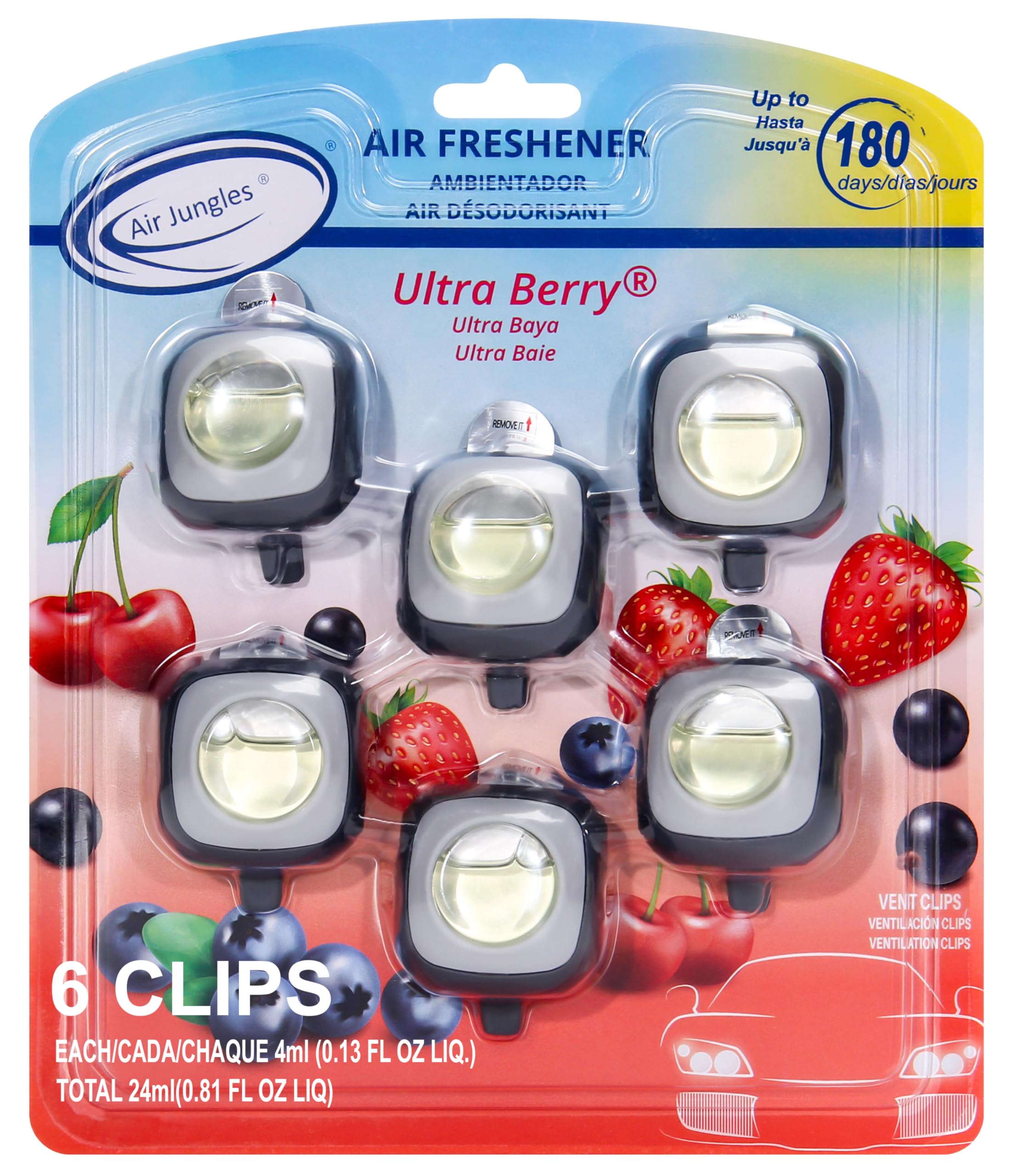 Air Jungles Ultra Berry Scent Car Air Freshener Clip, 6 Vent Clips, 4Ml Each, Long Lasting Air Freshener, Up To 180 Days Car Ref