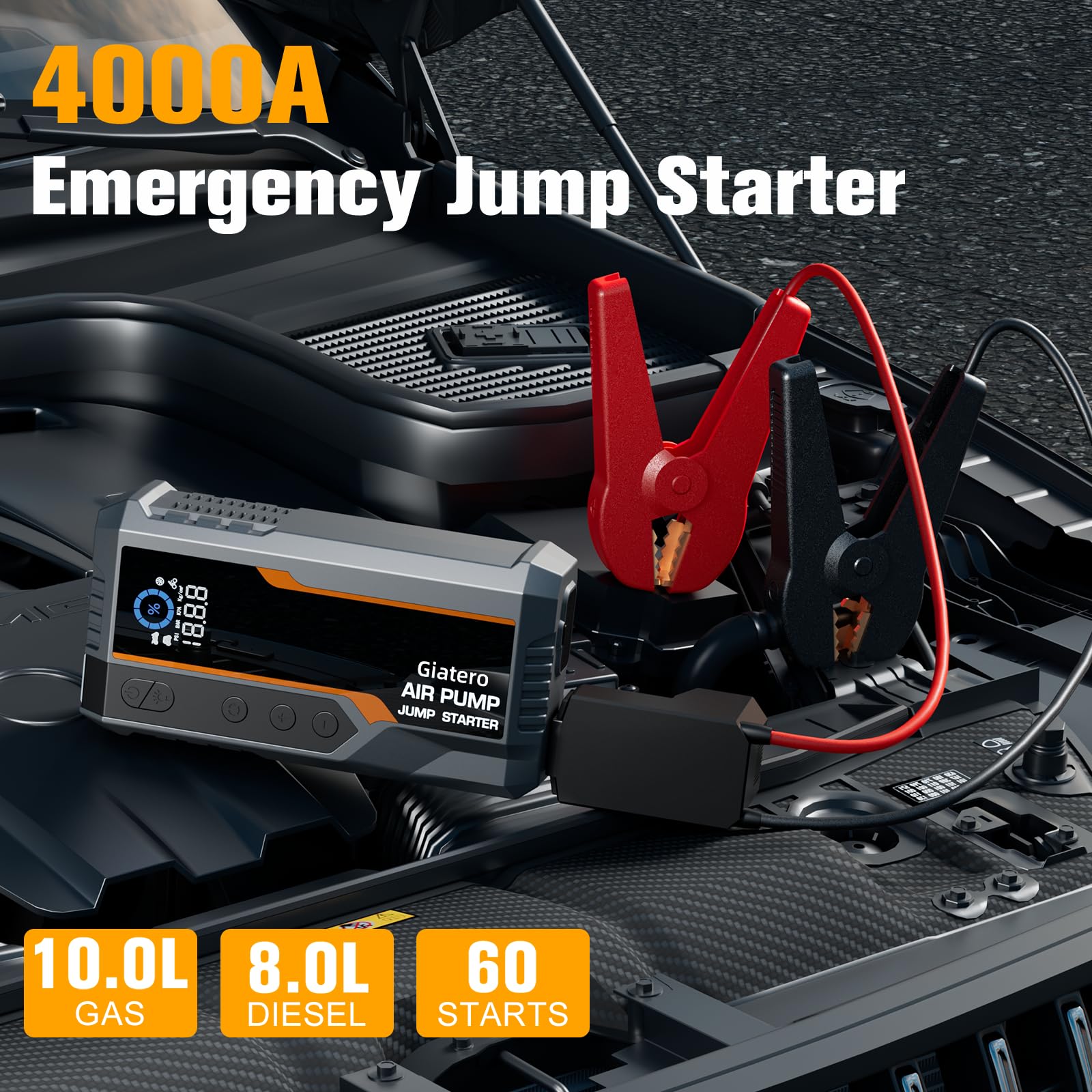 Giatero Jump Starter 4000A with Air Compressor, 150PSI, LCD Display, 3 Modes Flashlight, Portable Battery Pack for Gas/Diesel Vehicles