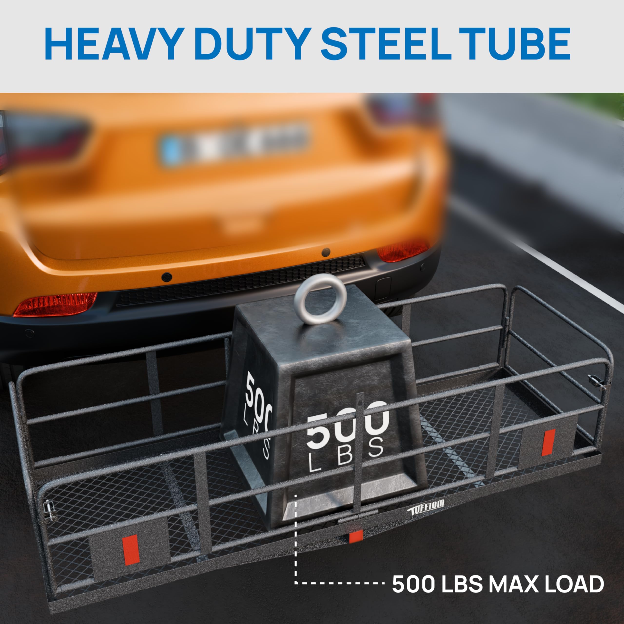 TUFFIOM Folding Hitch Mount Cargo Carrier - 60"x24"x14", 500lbs Capacity, Dark Grey Steel Luggage Rack with Straps & Stabilizer, Model: Hitchcarrier-64