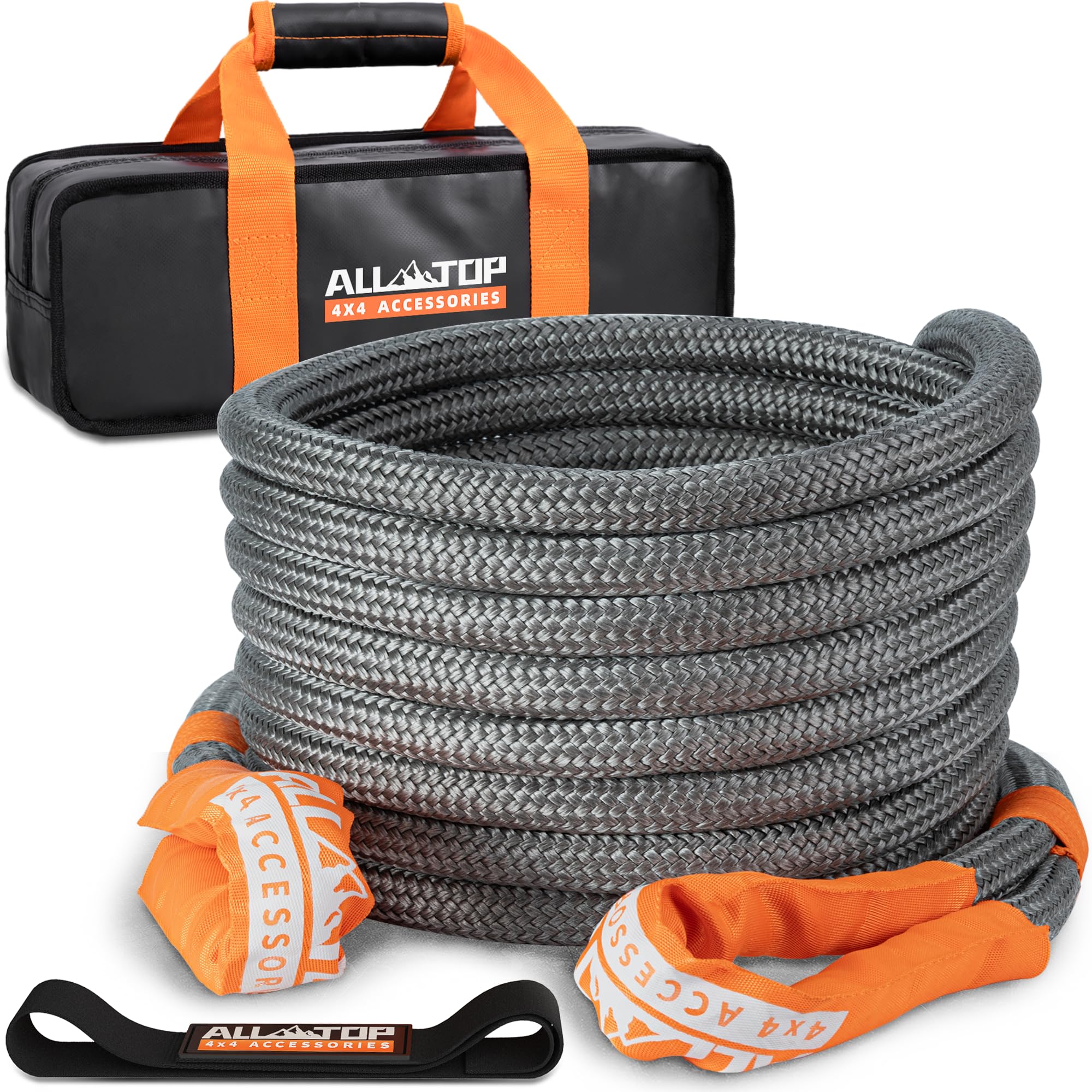 All-Top Kinetic Recovery Rope, 48000Lbs, 1In X 30Ft, Heavy Duty 30+% Elasticity, 16000Lbs Work Load Limit For 4X4 Offroad Vehicl