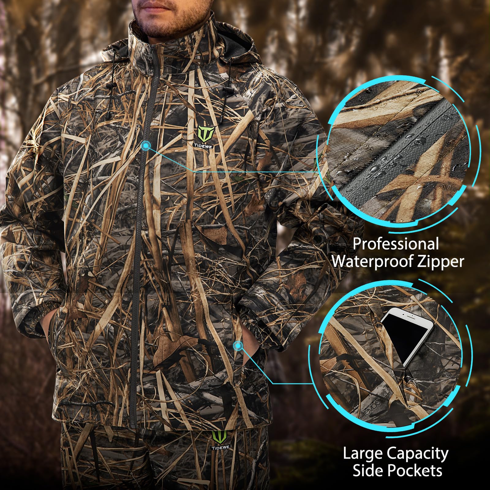 TIDEWE Rain Suit - Waterproof Lightweight Breathable - Size S - Next Camo Evos - Model RS002-NES-TE