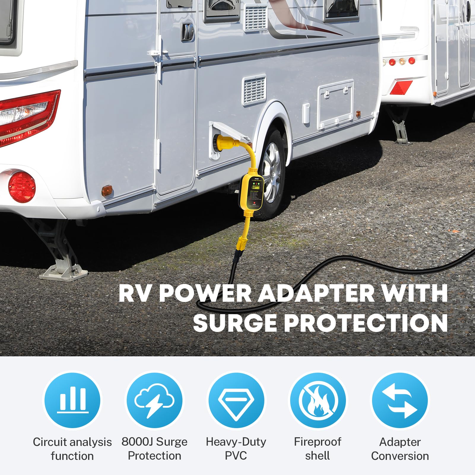 Kohree RV Power Adapter 30 Amp to 110V with Surge Protection, 21" Twist Lock, Model KR6443, Yellow, Circuit Analyzer with LED Indicators
