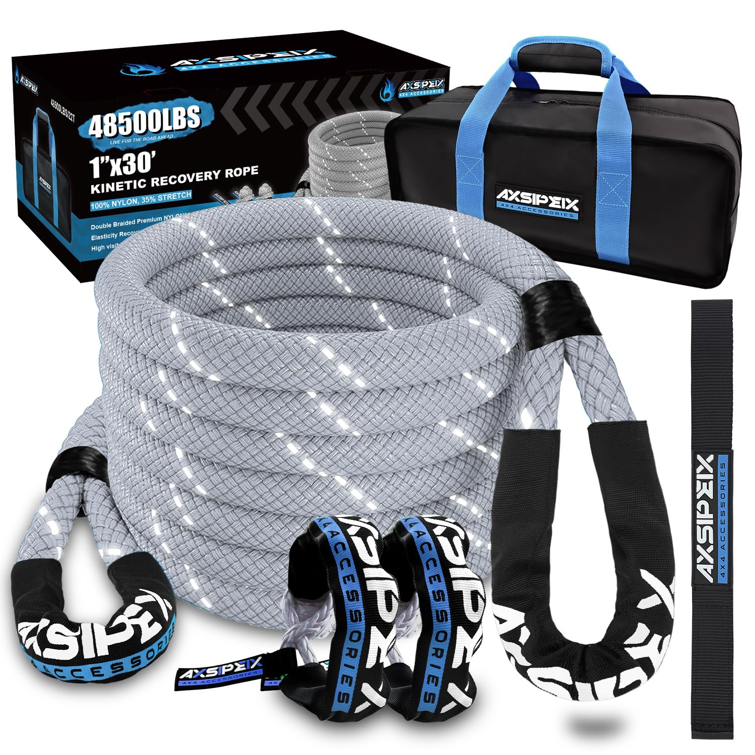 Axsipeix 1''  30Ft Kinetic Recovery Rope (48,500Lbs) Heavy Duty Offroad Recovery Rope With 2 Soft Shackles 1/2'' X 22'' Offroad