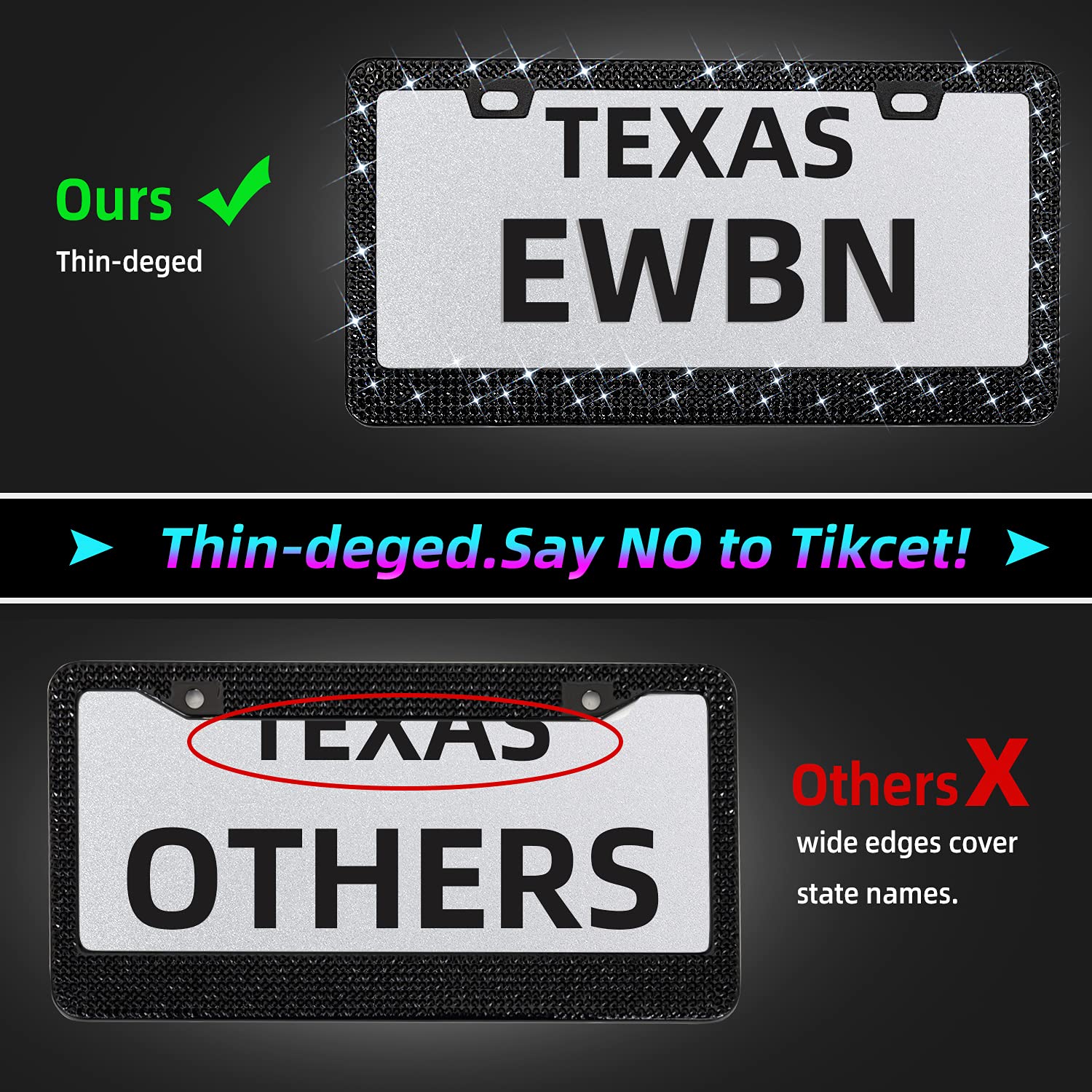 Bling Rhinestone License Plate Frame For Women 2Pc, Sparkly Stainless Steel Frames & Over 1200 Pcs Finest 14 Facets Black Glass