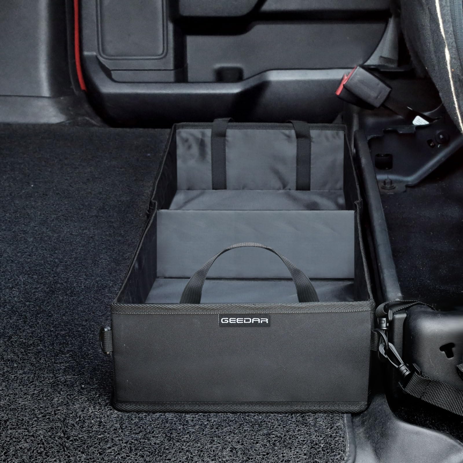 GEEDAR Under Seat Storage Tool Box Organizer for Ford F150/F250/F350 & Chevy Silverado - Black Nylon, 2 Compartments for Bench Seat