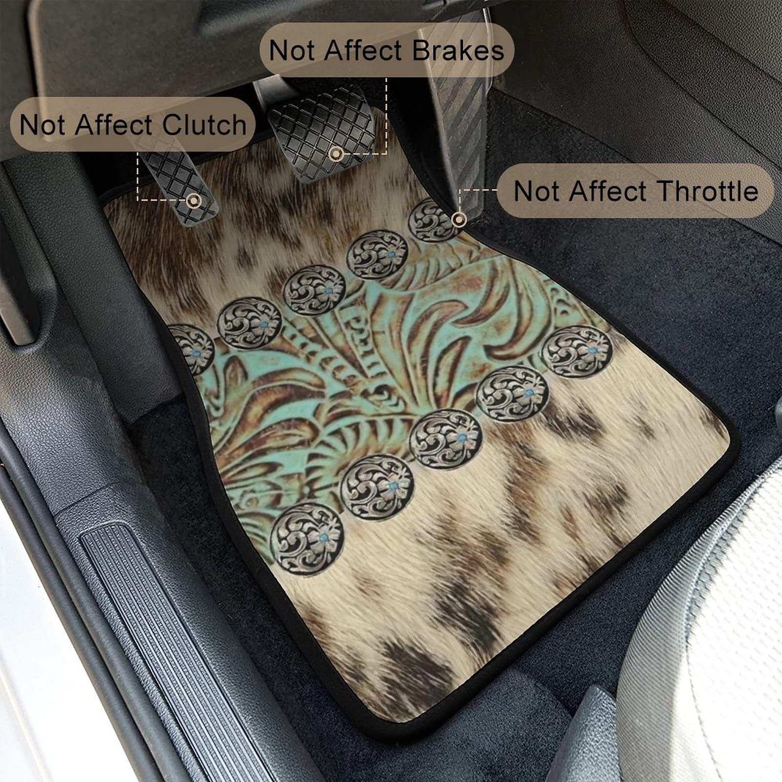 LONSANT Universal Car Floor Mats Set of 4,Rustic Brown Beige Teal Western Country Cowboy Tooled Leather Vehicle Front Rear Carpe