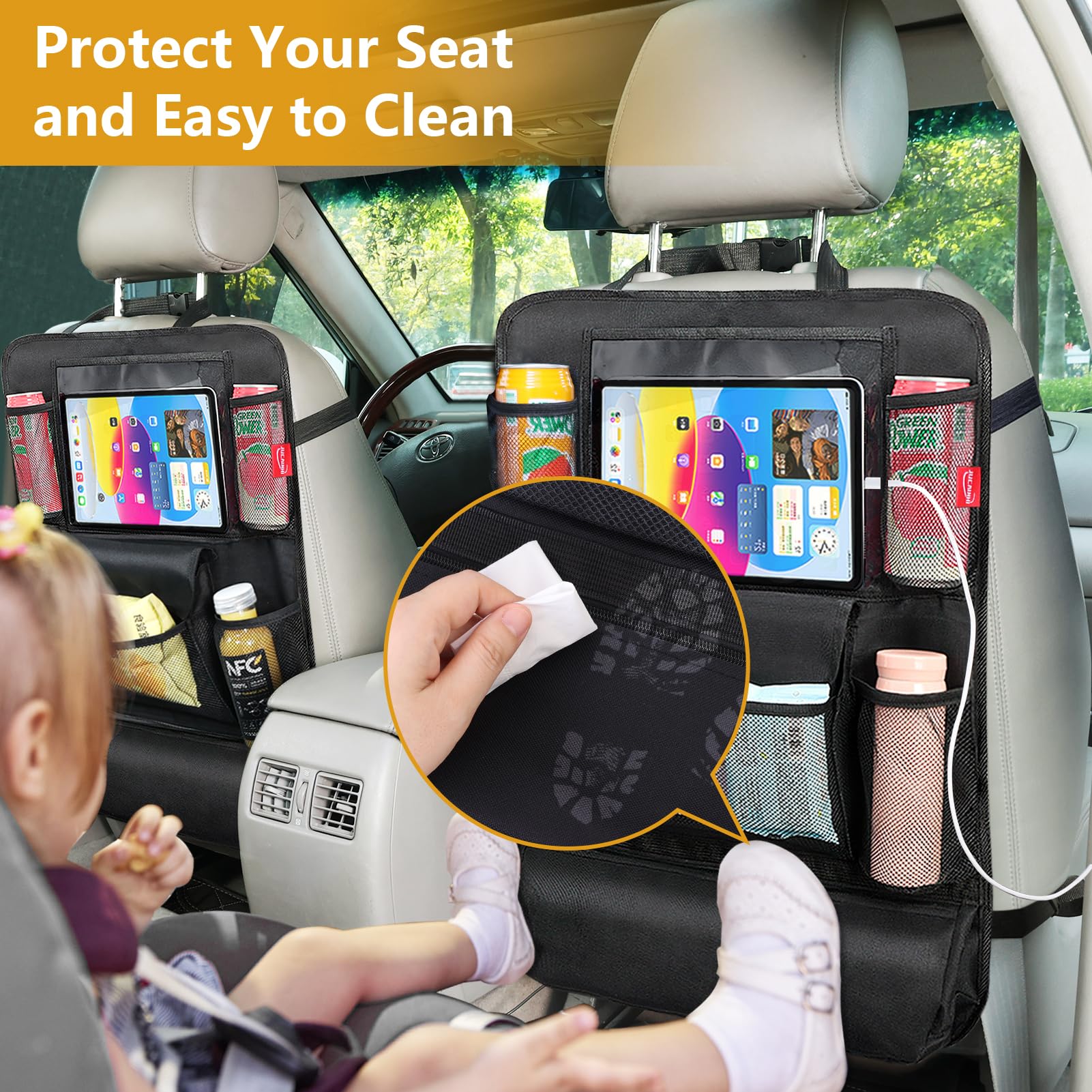 JUCAINHI Car Seat Organizer with 13 in Tablet Holder, Waterproof Back Seat Protector, Kick Mats with 9 Storage Pockets, Interior