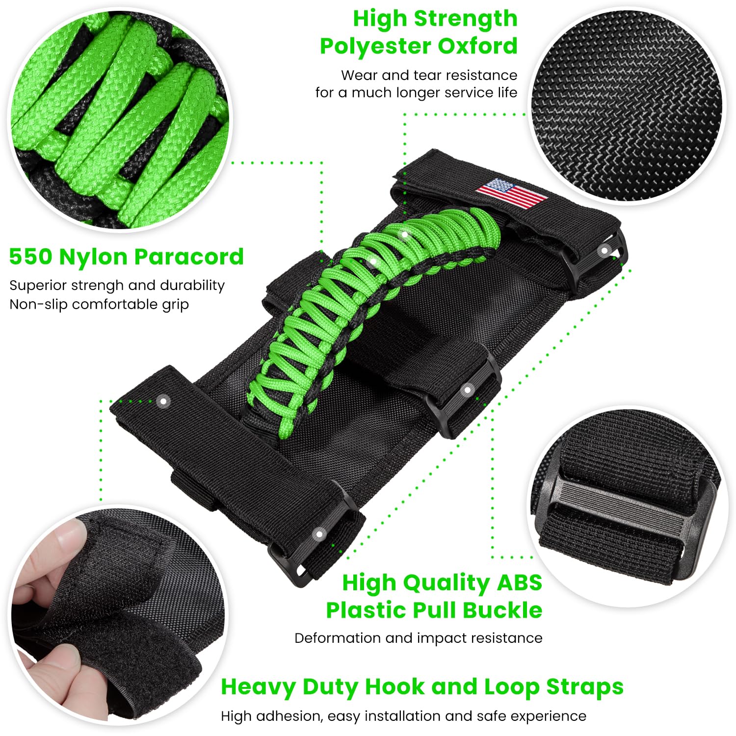 E-cowlboy 4 Pack Roll Bar Grab Handles for Jeep Wrangler YJ TJ JK JL JLU - Green Paracord US Flag Design