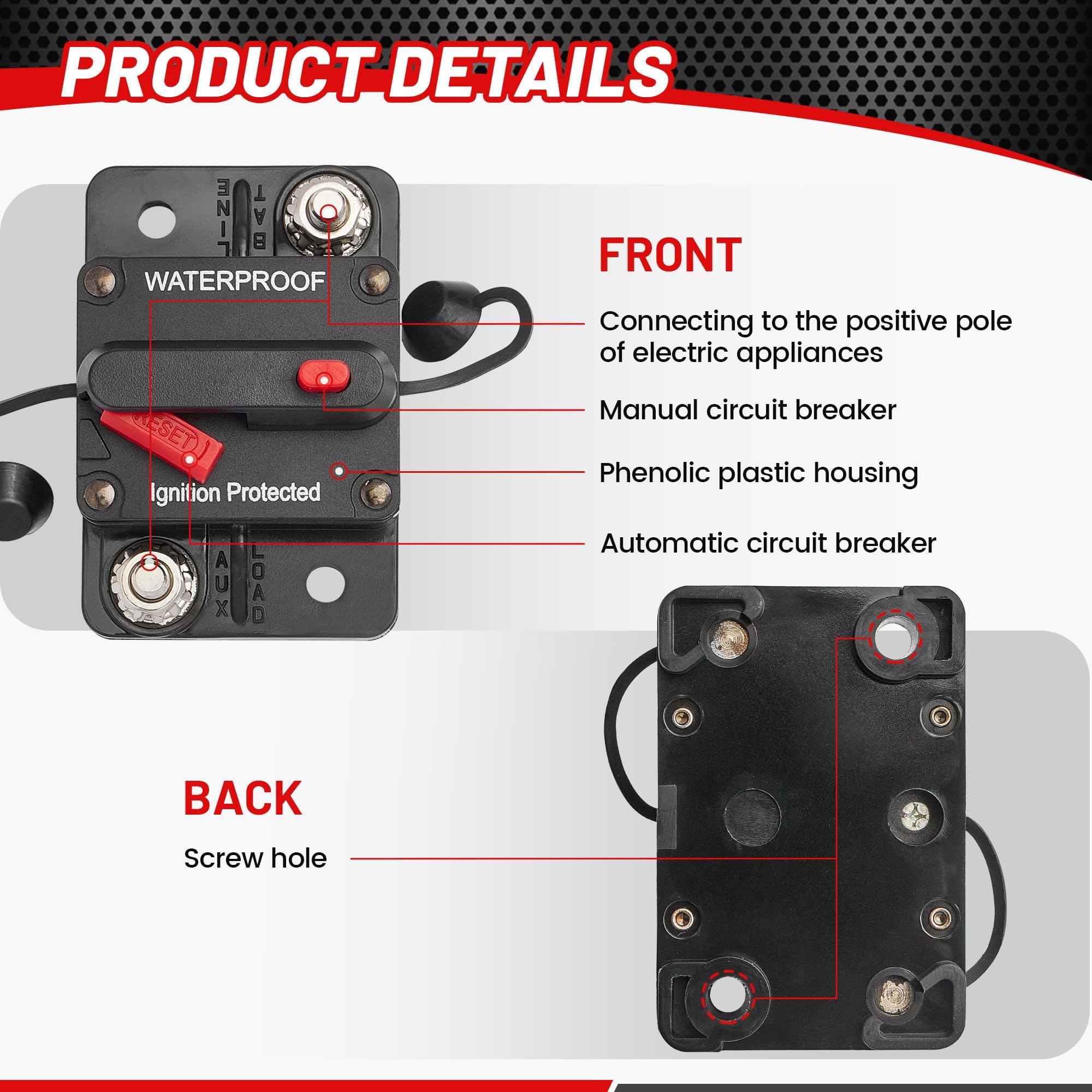 RED WOLF 20A Circuit Breaker Holder with Manual Reset Switch for 12-48V DC Marine, ATV, Trailer & Solar Power Systems