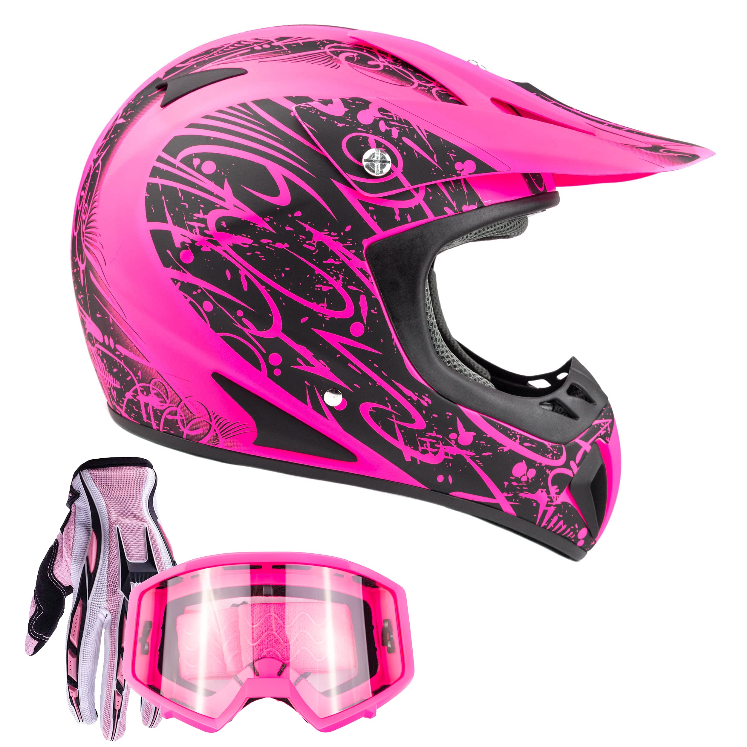 Typhoon Adult Women'S Dirt Bike Atv Helmet Motocross Goggles And Gloves Combo - Matte Pink With Pink ( Large )