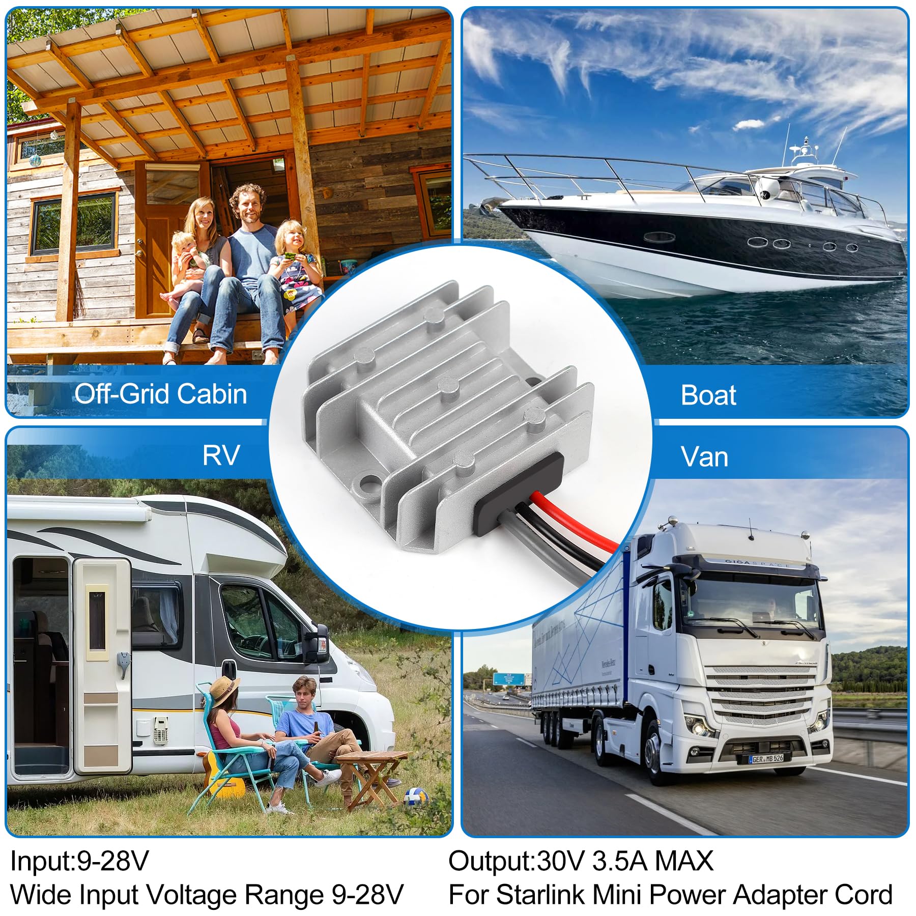 Starlink Mini 12V Adapter 12V/24V to 30V 3.5A, Waterproof DC Step Up Converter with Male Plug 9-28V Input for RV/Off-Grid/Marine