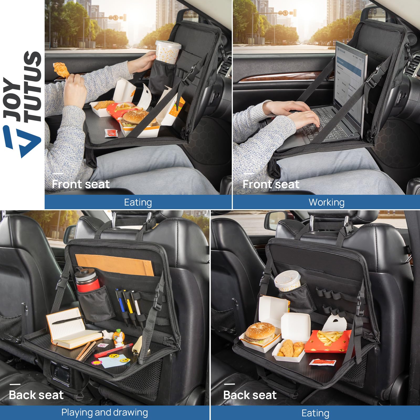 JOYTUTUS 3 in 1 Car Eating Tray & Laptop Desk, Large Black Plastic, Model JO06101, Multifunctional Organizer for Family & Commuters