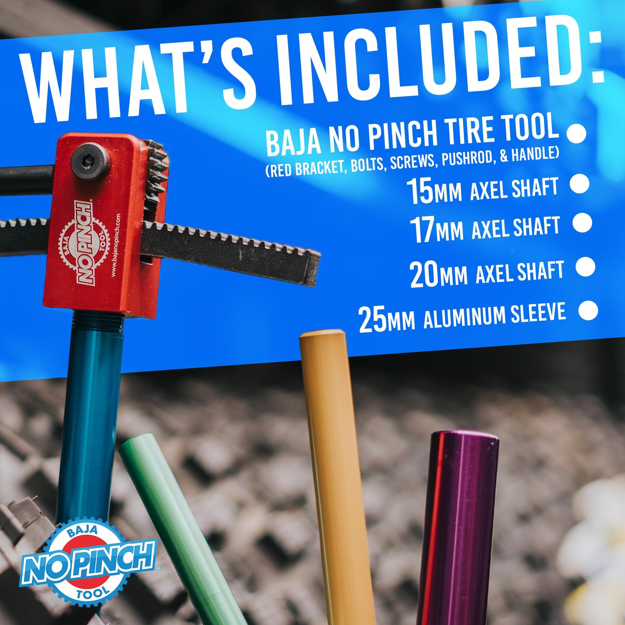 BAJA NO PINCH Dirt Bike Tire Changing Kit - Aluminum Tools for 16"-21" Wheels, Model 01, Compact Design, Silver Finish