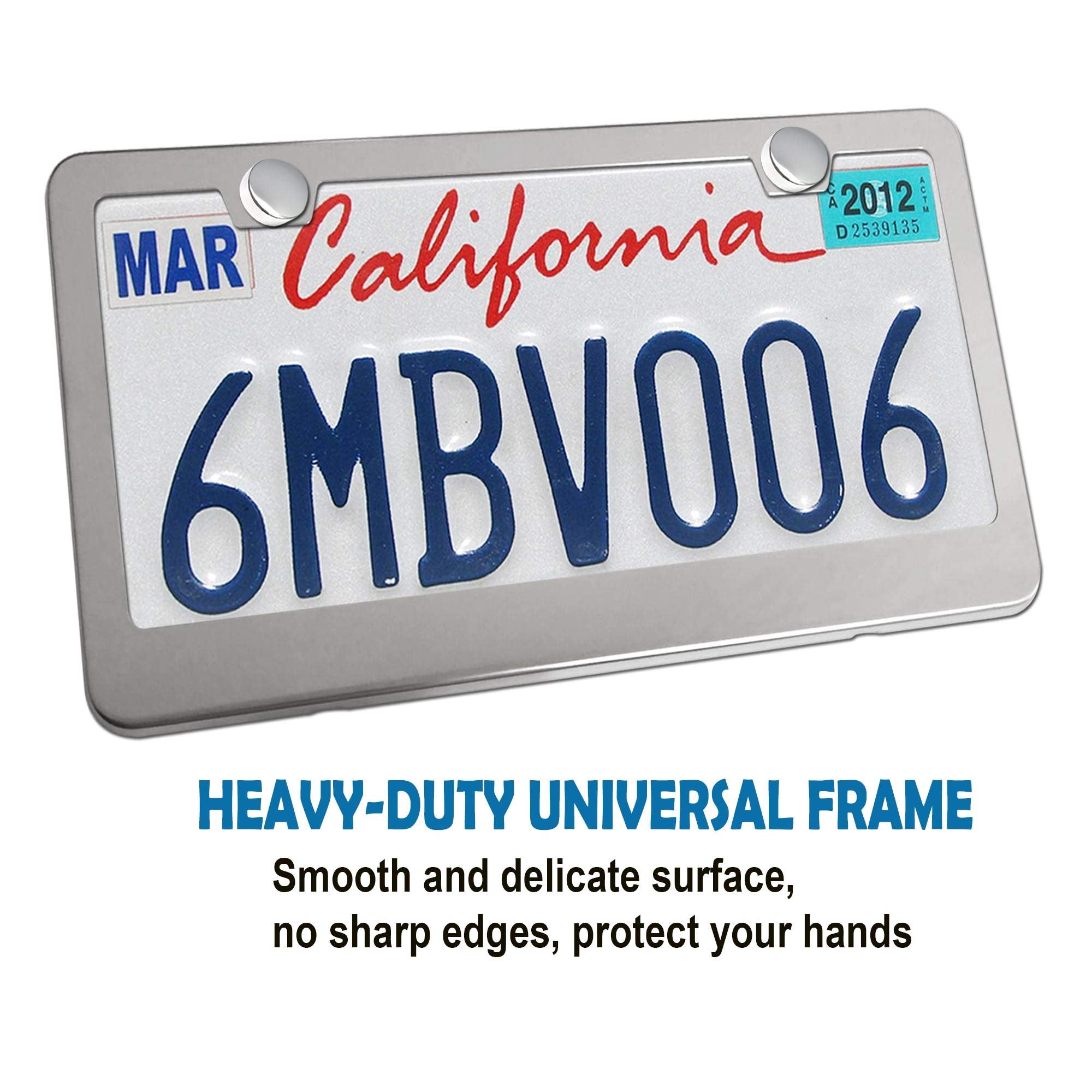 Bggtmo Stainless Steel License Plate Frames- Heavy Duty Metal Car Tag Cover For Front & Rear, 2 Pack Slim Holders With Chrome Screws Caps For Women/Men, Rust/Rattle Proof Pads, Tire Valve Stem Caps