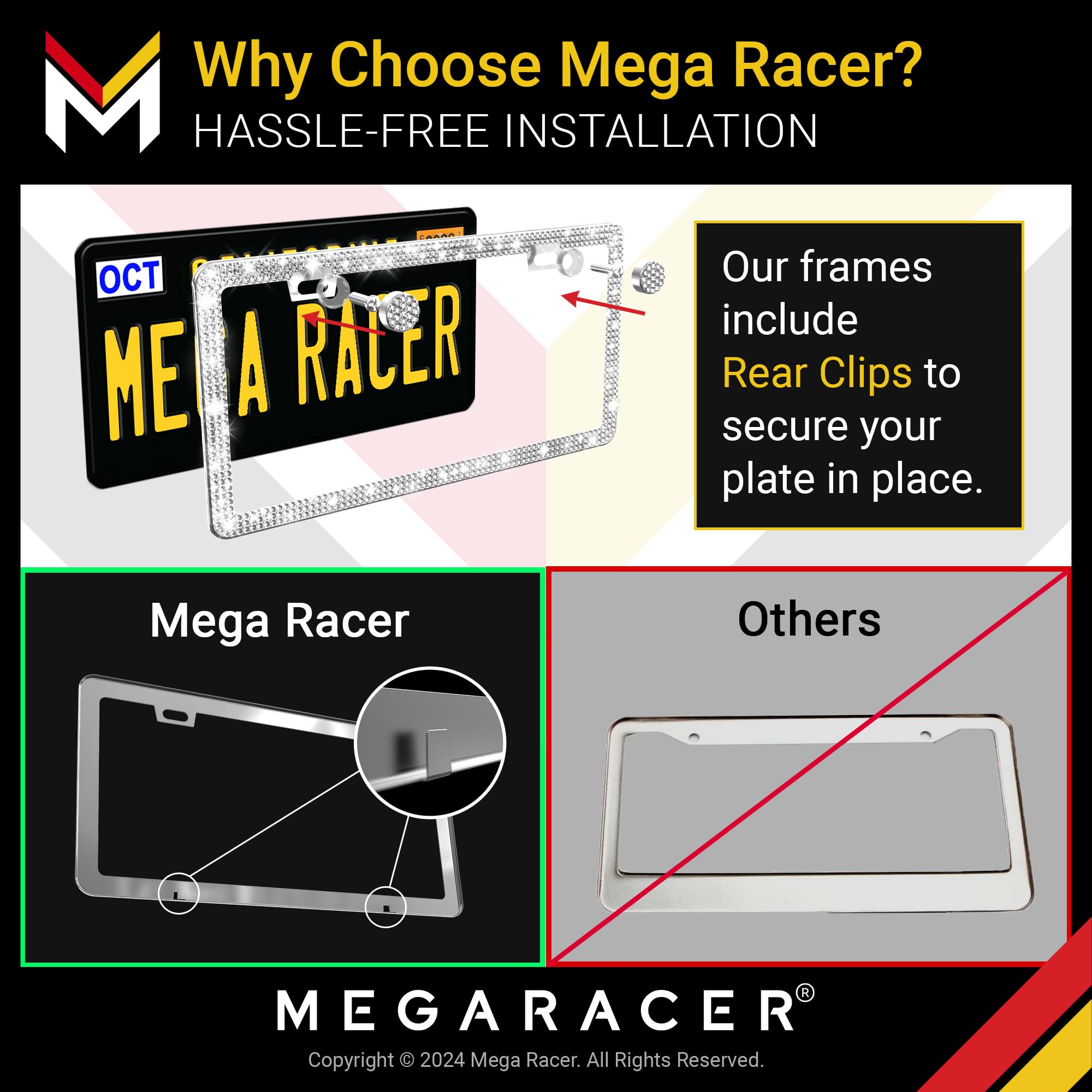Mega Racer Bling License Plate Frames 2 Pack | Rhinestone Stainless Steel | Fits Car, Truck, SUV, Van | Sparkly Bling 2Pc