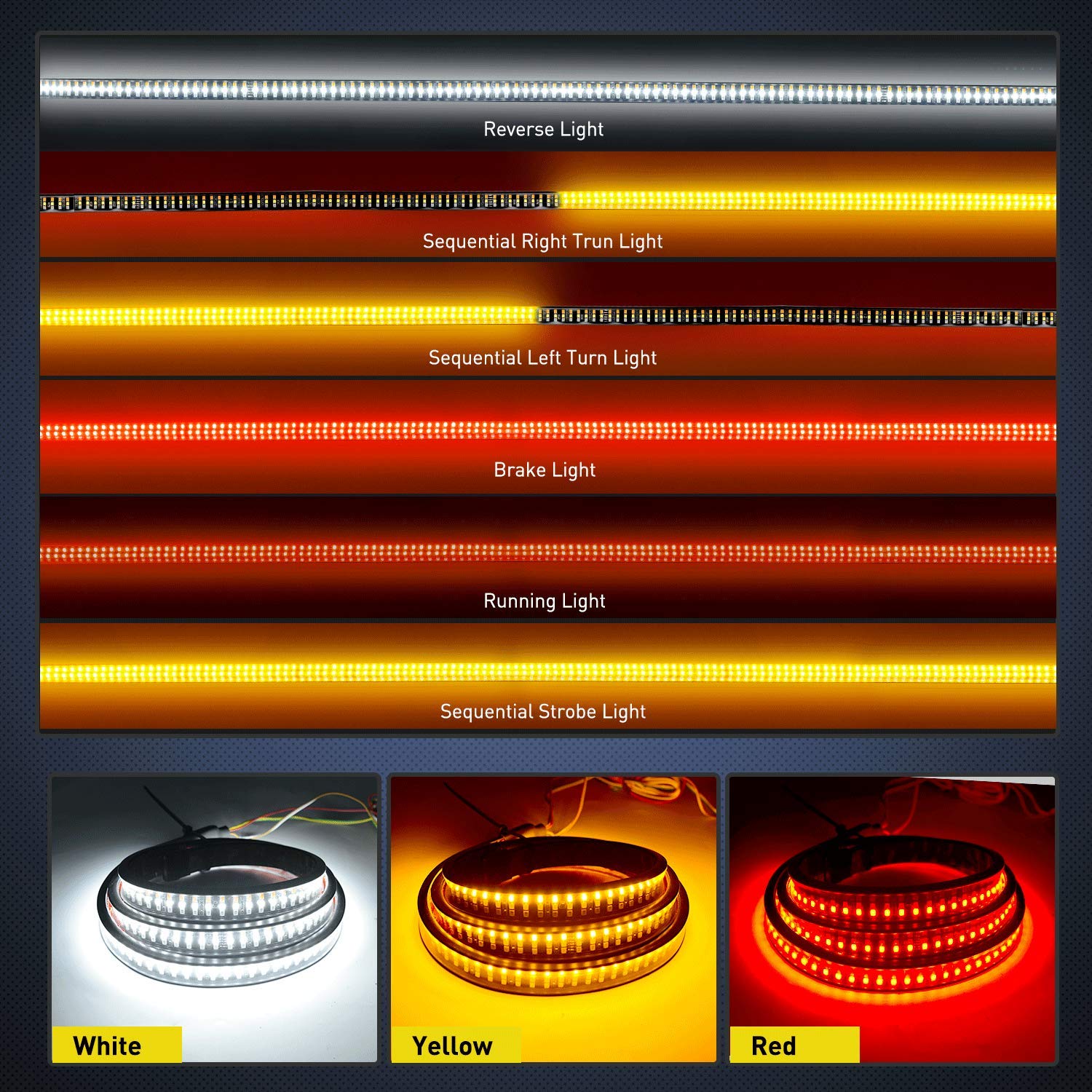 Nilight Tr-04 Truck Tailgate Bar 60'' Triple Row 504 Led Strip With Red Brake White Reverse Sequential Amber Turning Signals Str