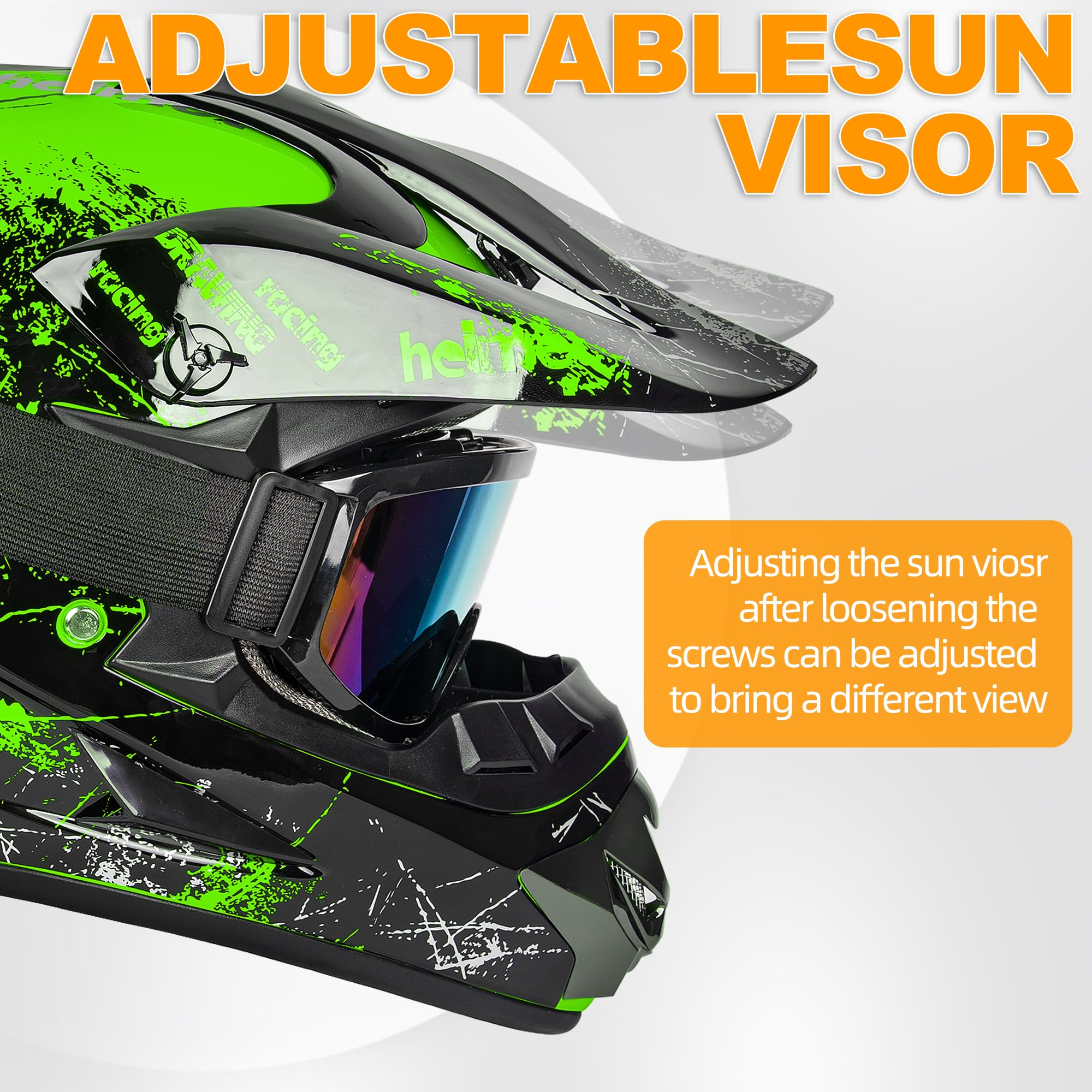 Yesmotor Youth Motocross Helmet Set - Full Face, DOT Approved, Medium, Green, Includes Gloves, Goggles, Mask, ABS Material