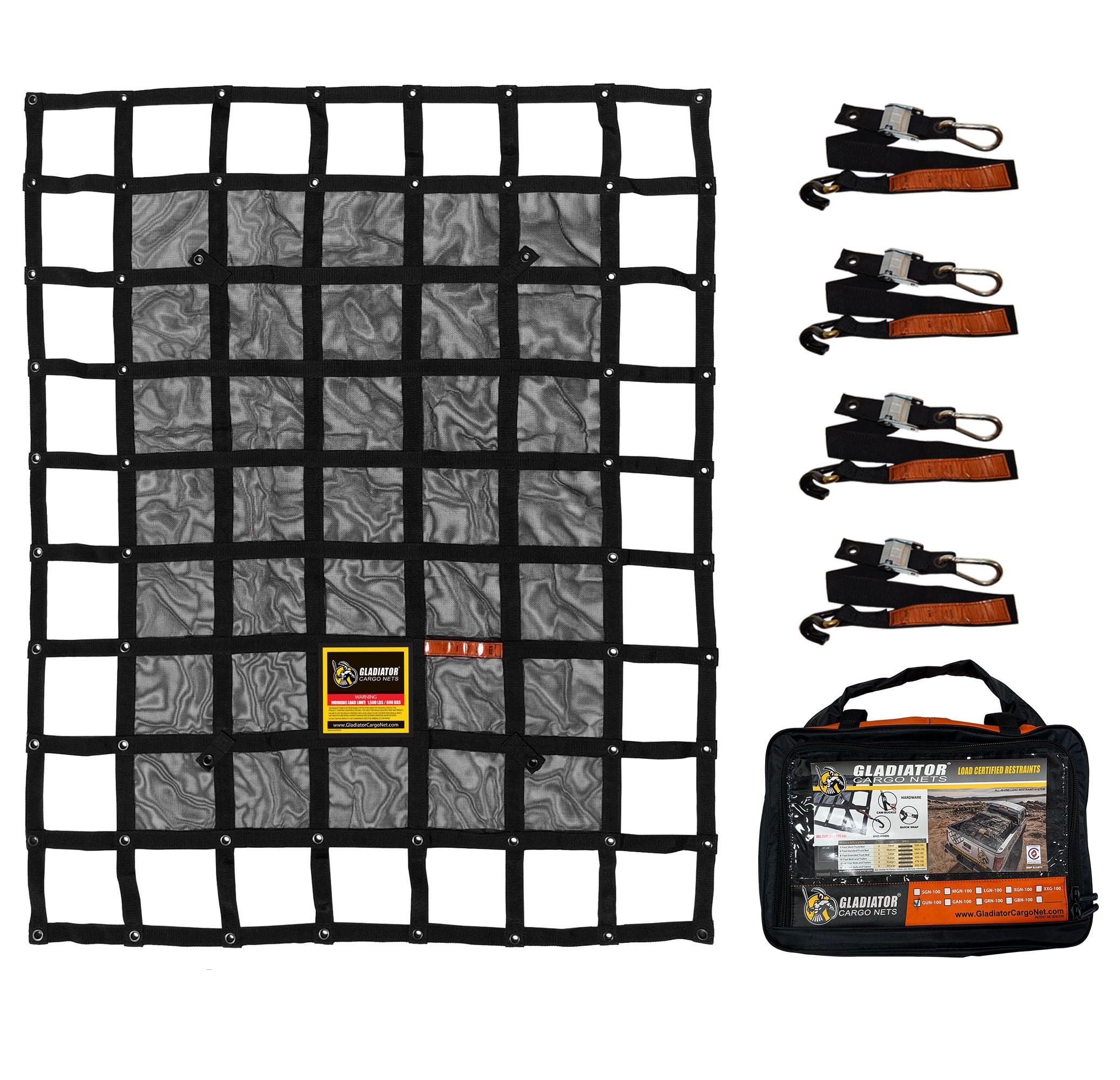 Gladiator Cargo Nets - Heavy Duty Cargo Net-(Wll): 1,500 Lbs - Truck Accessory - Cargo Carrier - Truck Organizer -Truck Bed Cover-Trailer-Pickup-Boat-Jeep-Suv-5Ft Bed (Sgn-100) 4.75' X 6' Ft.