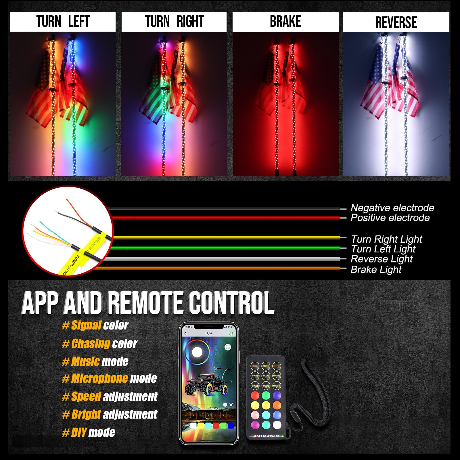 Viswiker 2PCS 3FT UTV Whip Lights with Spring Base & Rocker Switch, LED Whip Light with App & Remote Control, Spiral Chasing Col