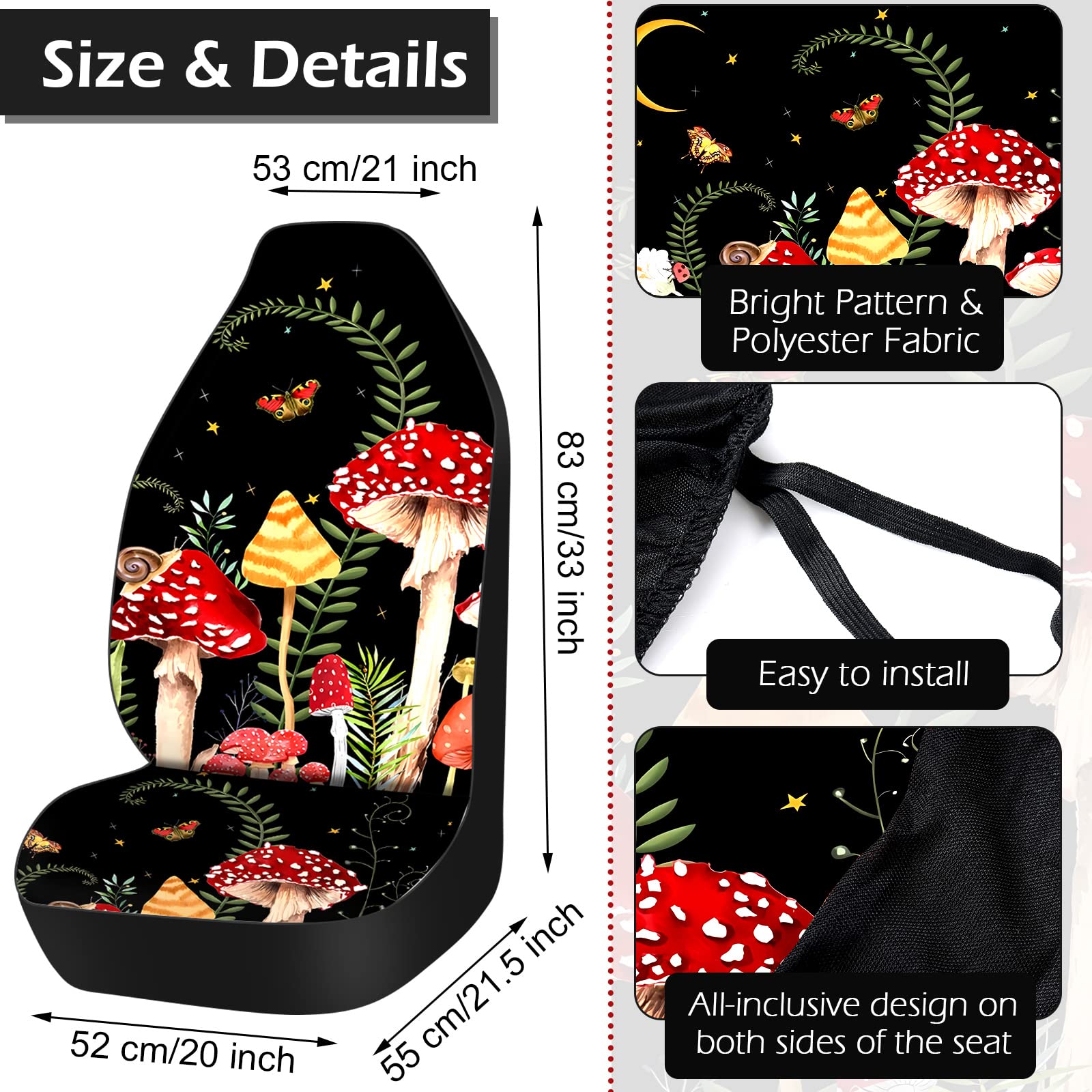 17 Pcs Mushroom Car Seat Covers Car Accessories Full Set for Women Men Automotive Rear Front Seat Protector View Mirror Hanging