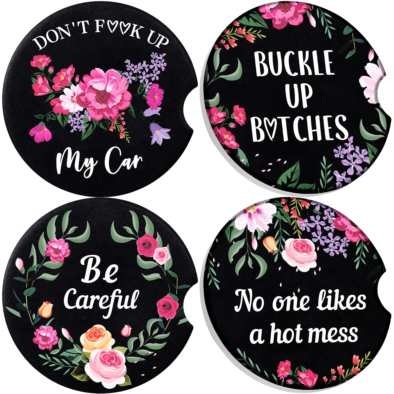Boao 4 Pcs Car Cup Holder Coasters 2.56 Inch Floral Style Coasters Absorbent Ceramic with Finger Notch for Keeping Cup Holders D