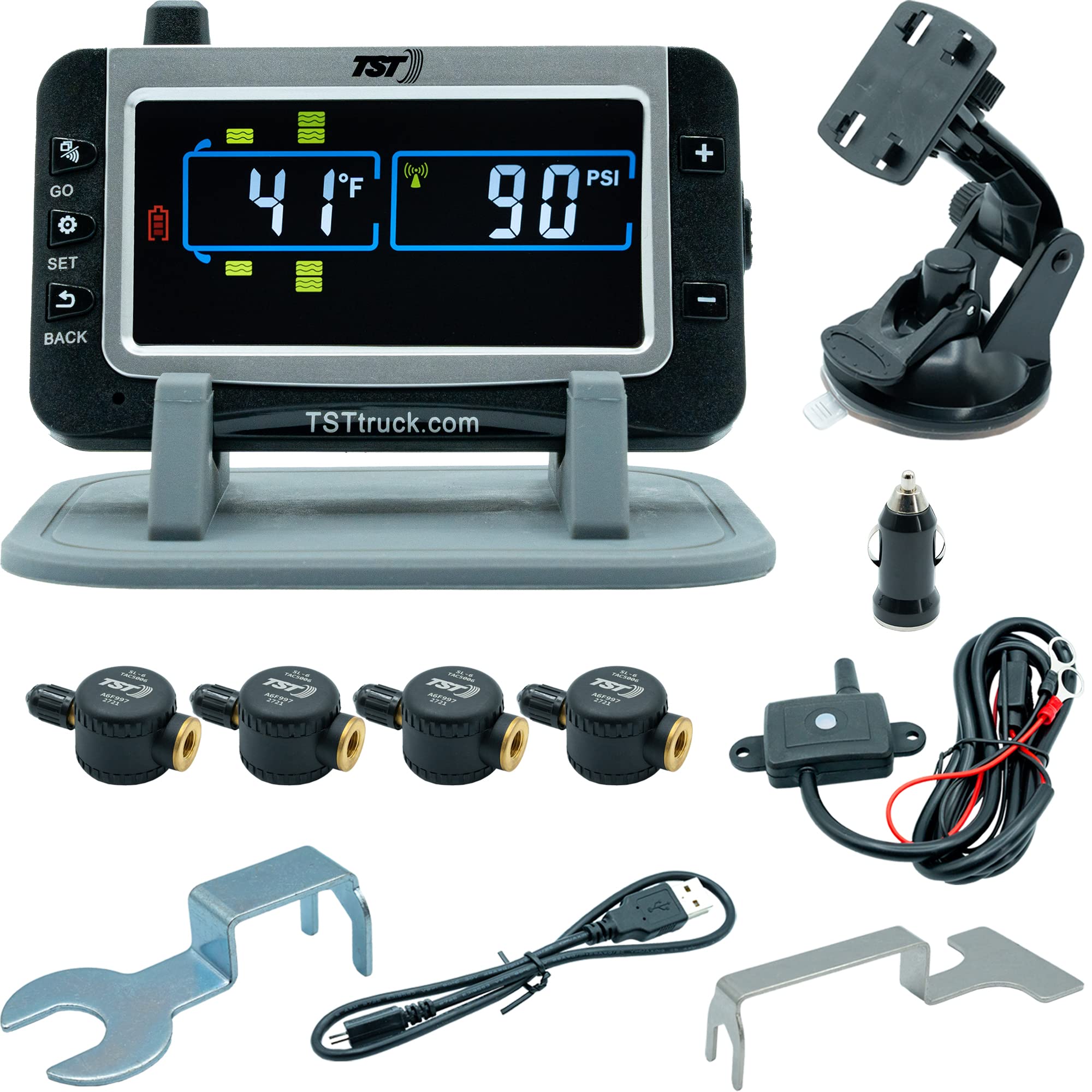 TST 507 Tire Pressure Monitoring System with 4 Flow Thru Sensors and Color Display for Metal Valve Stems by Truck System Technol