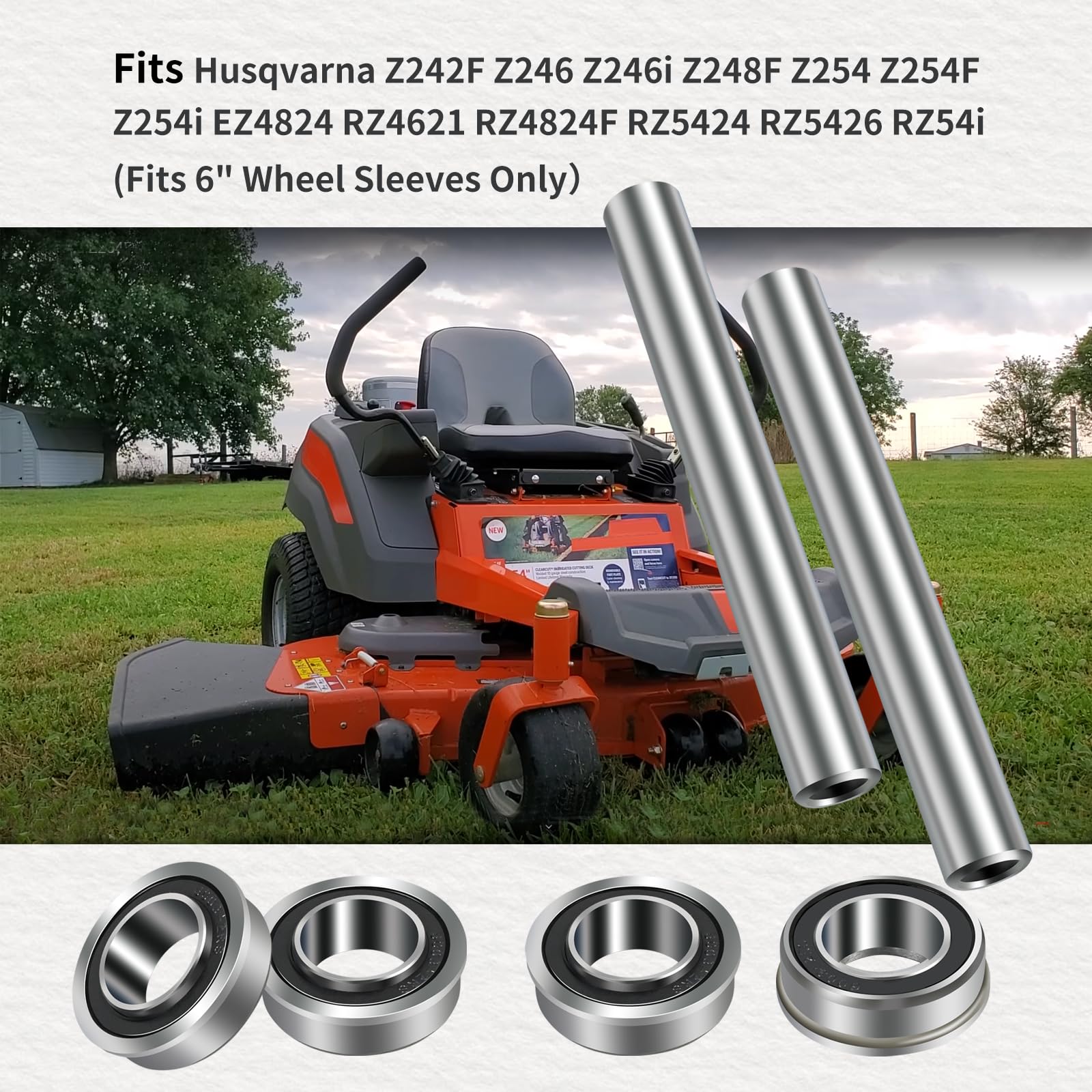 XQK Stainless Steel Front Wheel Axle & Bearing Conversion Kit for Husqvarna Z242F Z246 Z246i Z248F Z254 (Fits 6" Wheel Sleeves Only)