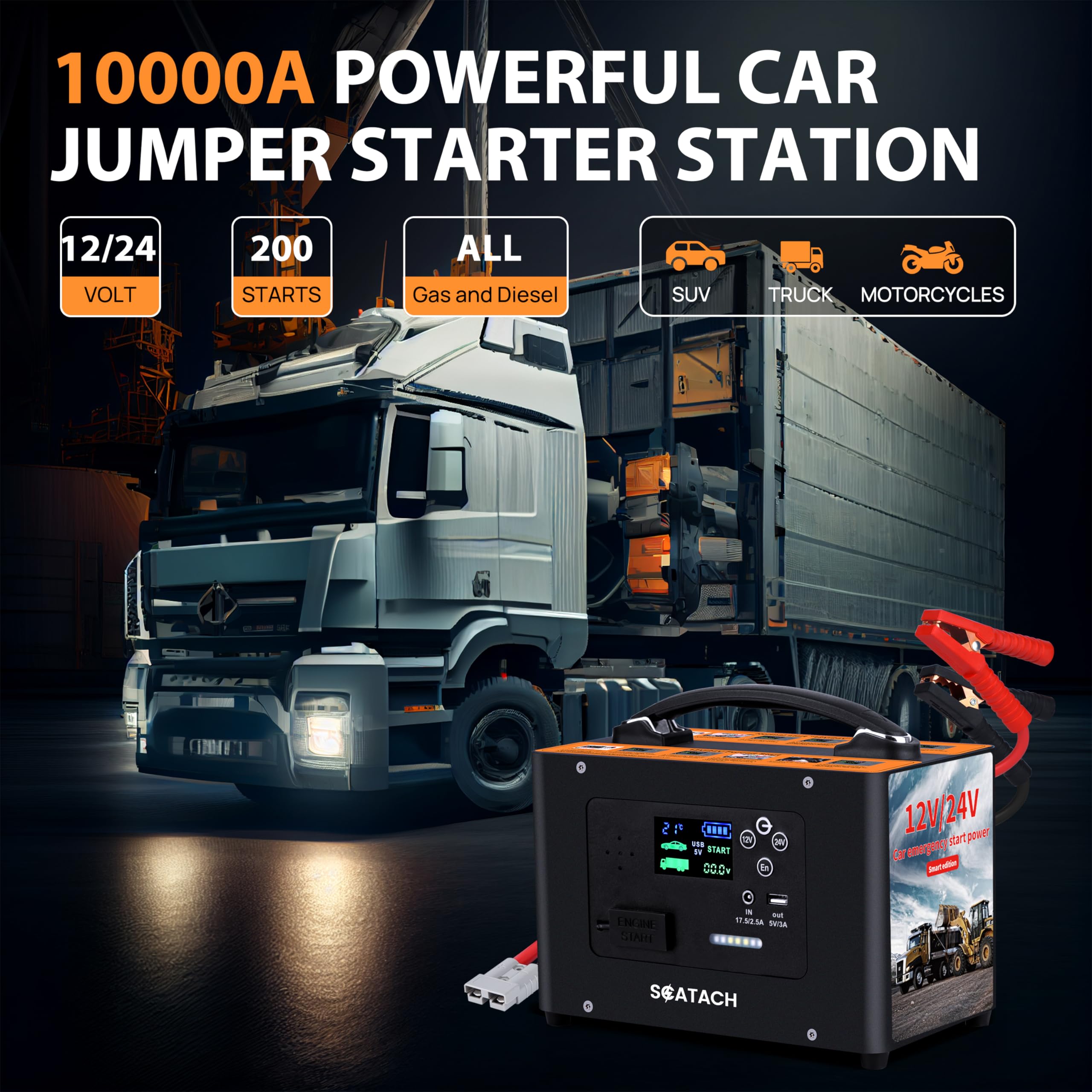 Scatach 10000A Jump Starter, 24V 155WH for All Gas & Diesel Engines, Model V10-1, Heavy Duty Portable Power Bank, Color S-V10-1