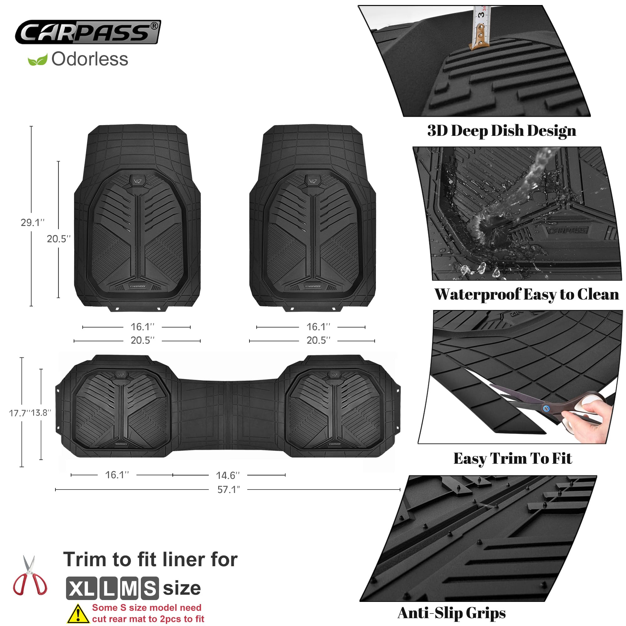 Car Pass Heavy Duty Rubber Car Mats, Deep-Dish Odorless Car Floor Mats All Weather, Universal Trim-To-Fit For Suvs Trucks Sedans