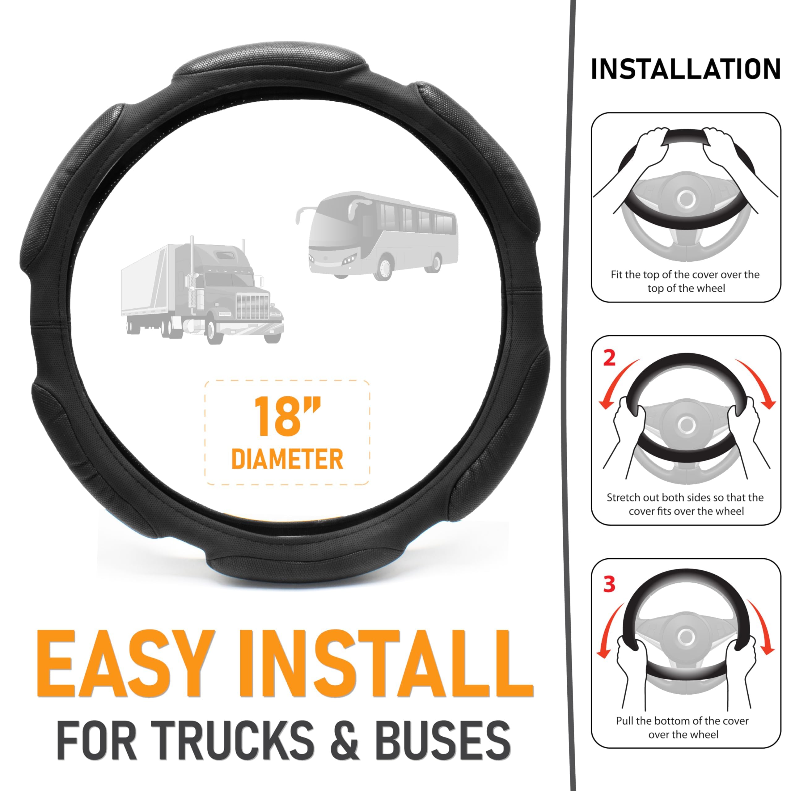 Goodyear 18 Black Vegan Leather Steering Wheel Cover - Non-Slip, Comfortable, Heavy-Duty Protection for Trucks and Buses
