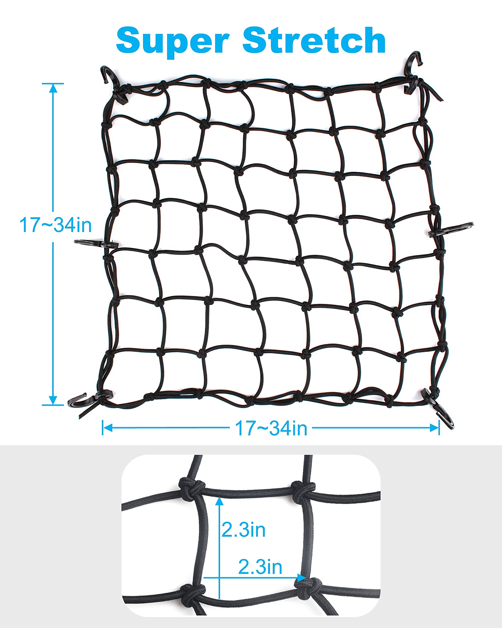 15.7''X15.7'' Cargo Net, Heavy Duty Bungee Net Stretches To 31.5''X31.5'', Gear Helmet Luggage Thicken Netting With 3''X3'' Smal