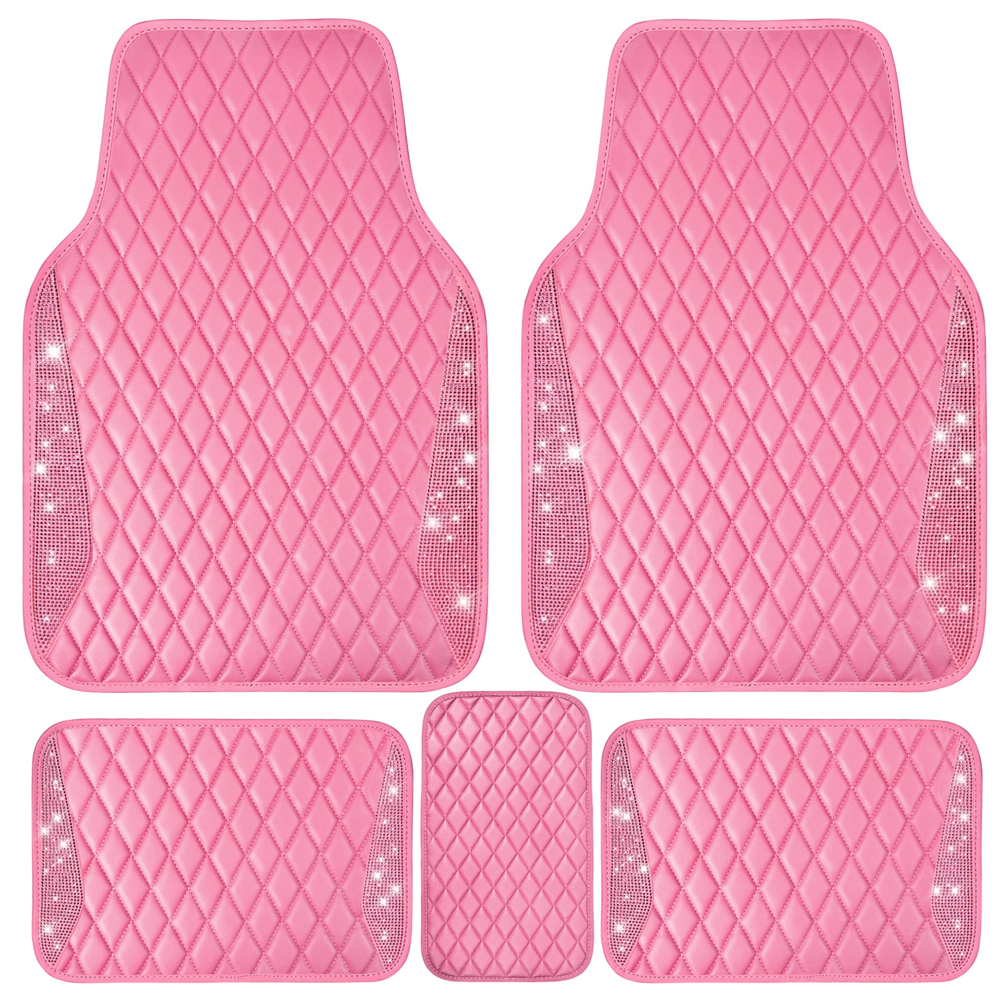 Car Pass Bling Leather Car Mats Shining Diamond Floor Mats Crystal Rhinestones Sparkly Glitter Carpet Anti-Slip Waterproof Pad U