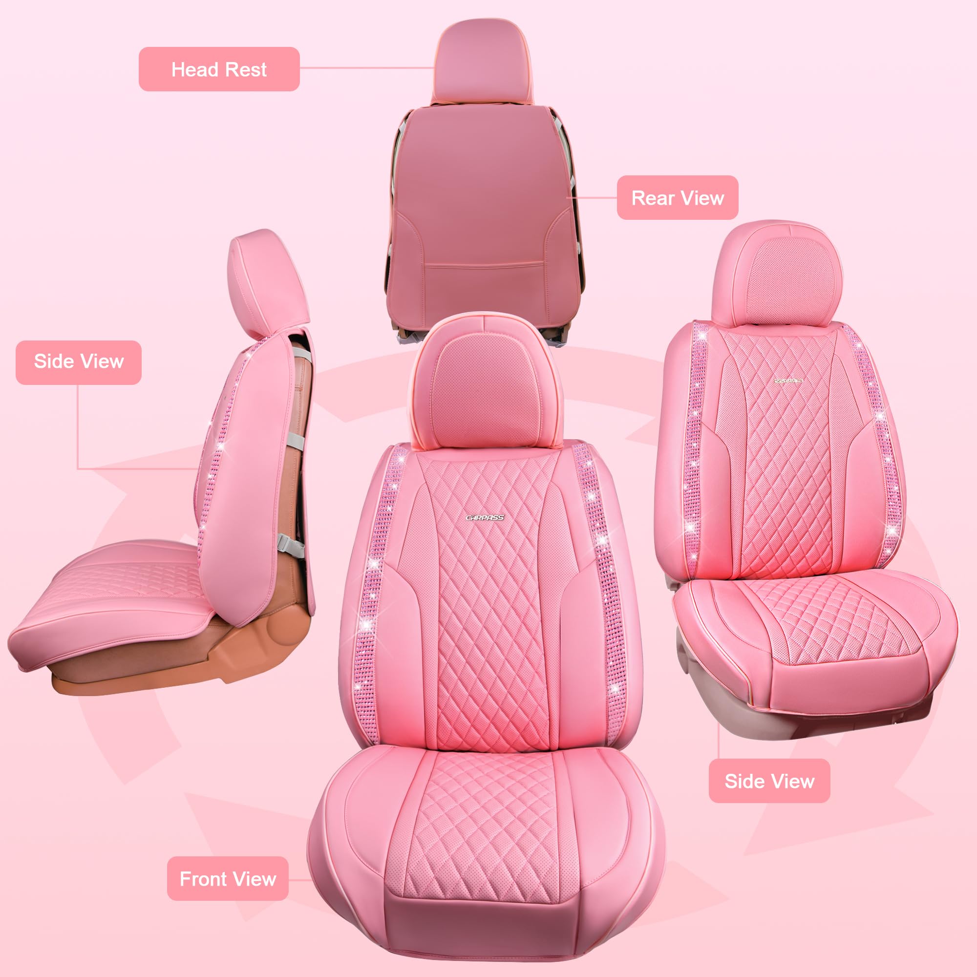 CAR PASS Bling Pink Nappa Leather Car Seat Covers, Waterproof Heavy-Duty, Anti-Slip, Universal Fit for Front Seats