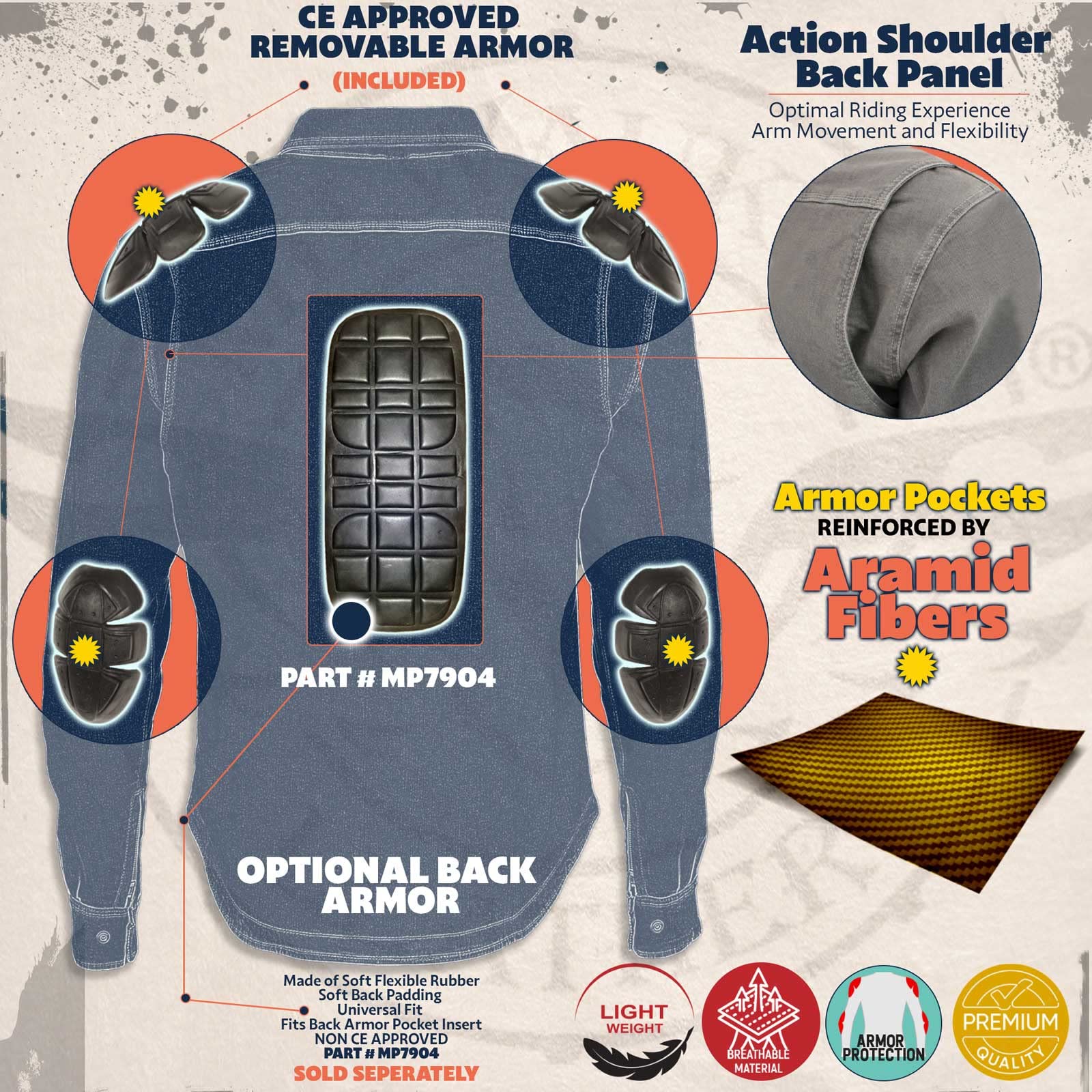 Milwaukee Leather Men's Plaid Flannel Blue Biker Shirt with CE Approved Armor Reinforced w/Aramid Fiber MPM1634 - Large