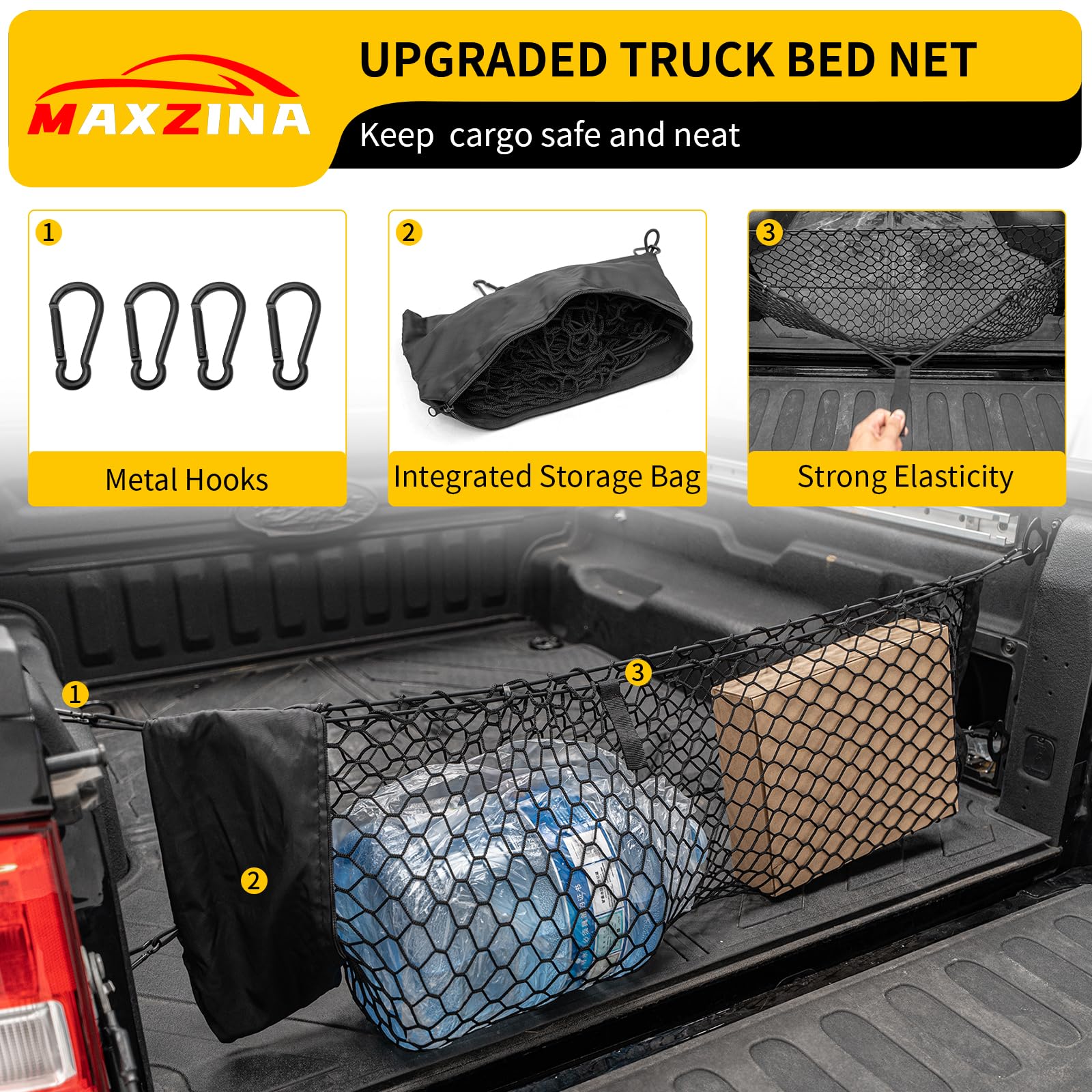 Maxzina Cargo Net for 2022-2026 Ford Maverick Truck Bed, 3.28'×1.15', Black Double Layer Mesh Organizer with Storage Bag