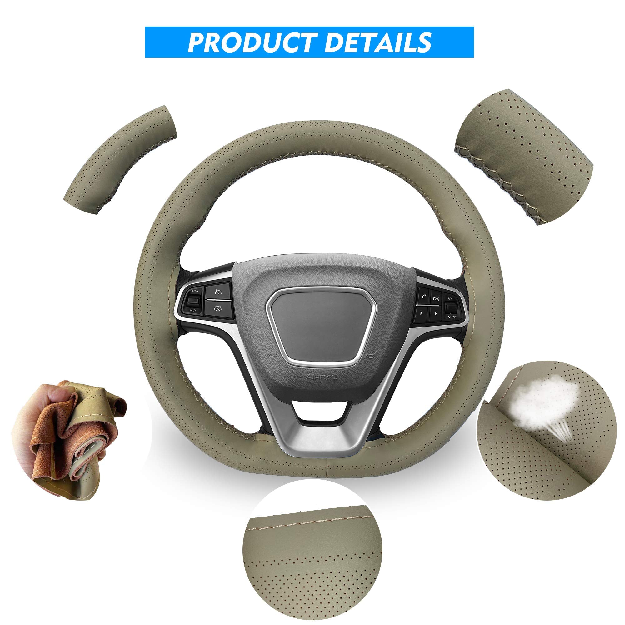 Carodi Leather Steering Wheel Cover, Breathable Non-Slip Design, Soft And Comfortable Feeling, Universal 15 Inch Auto Car Steering Wheel Stitch On Wrap(Size M,Beige)