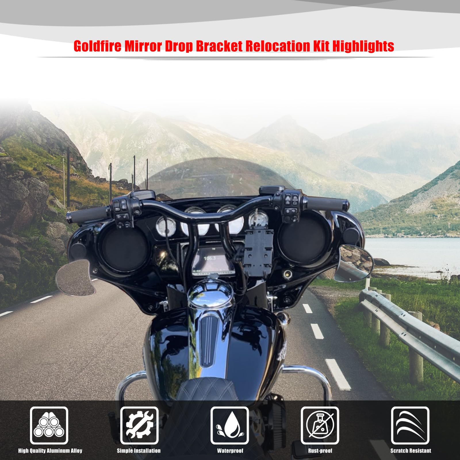 Goldfire Motorcycle Mirror Drop Brackets - Adjustable Fairing Relocator Kit for Harley Touring 2014-2023, Black Aluminum