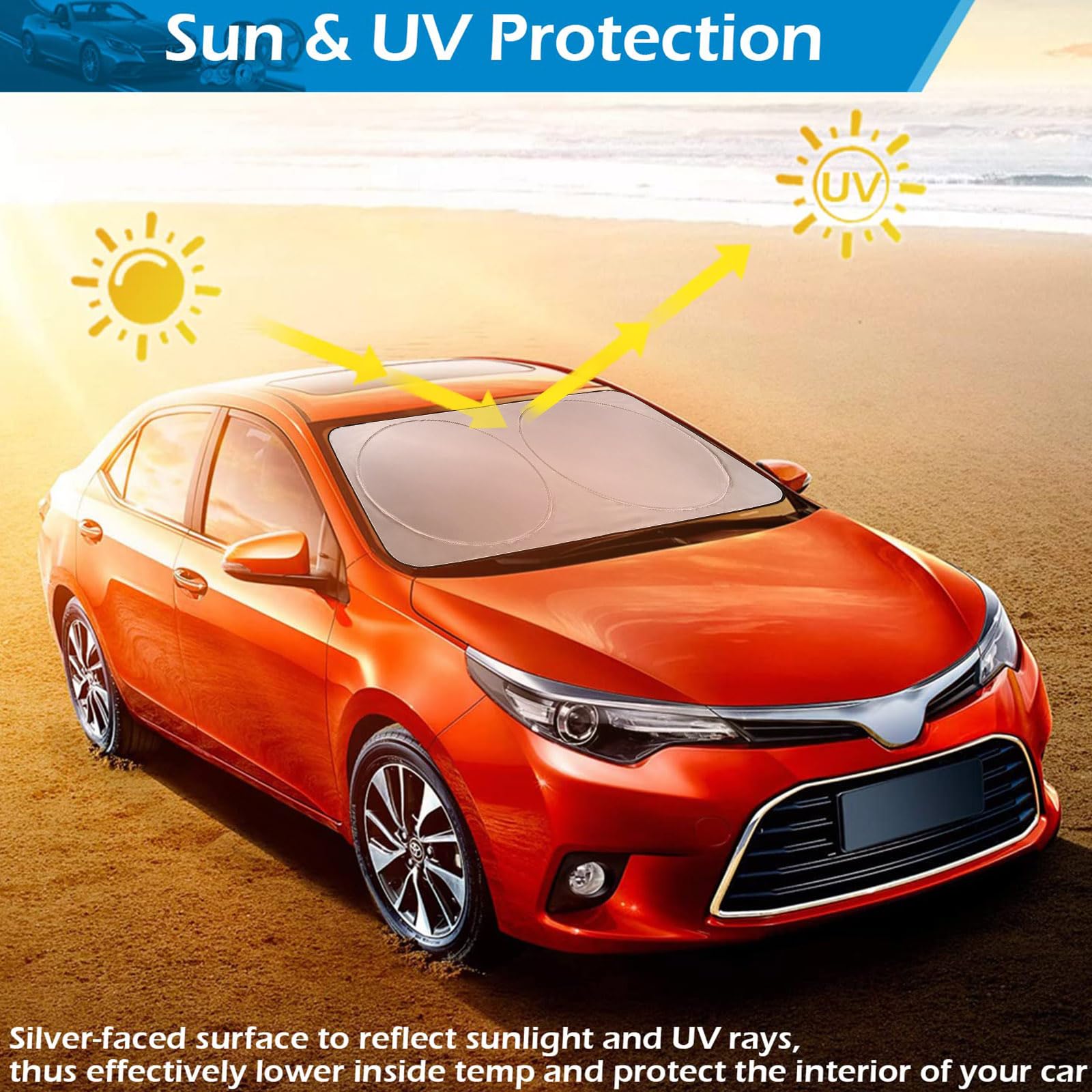 Ic Iclover Car Windshield Sun Shade, 210T Ployester Foldable Front Window Sun Visor Protector Sun Protection Shield, Blocks Heat
