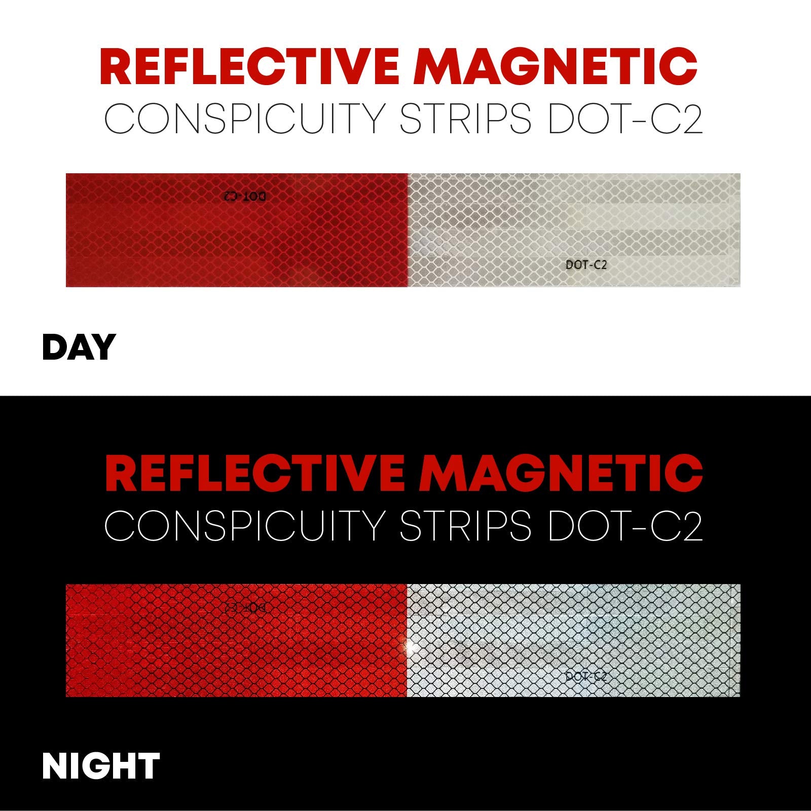TIRESFX Reflective Magnetic Tape Conspicuity Strips, DOT-C2 Approved, White/Red, 2 PCS