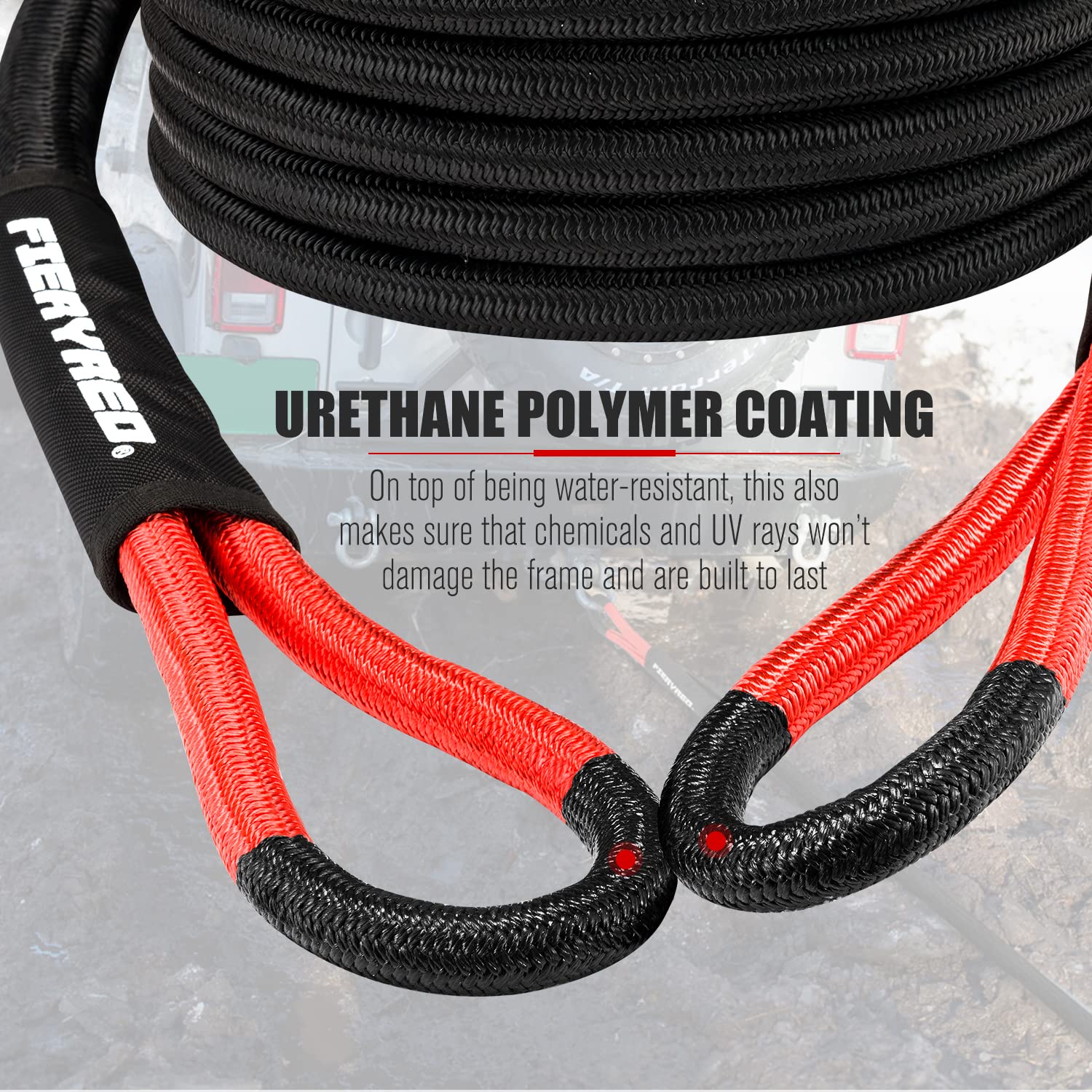 FIERYRED Kinetic Energy Recovery Rope 30FT 7/8" Nylon Tow Strap - Black, Reinforced Loops, Protective Sleeve, Perfect for Off-Road 4x4 ATV U