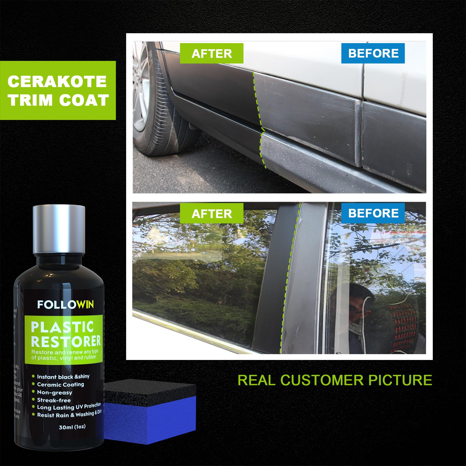 FOLLOWIN Plastic Restorer - Ceramic Coating for Cars, Hydrophobic Trim, 30ml, Clear, Model AU002-01