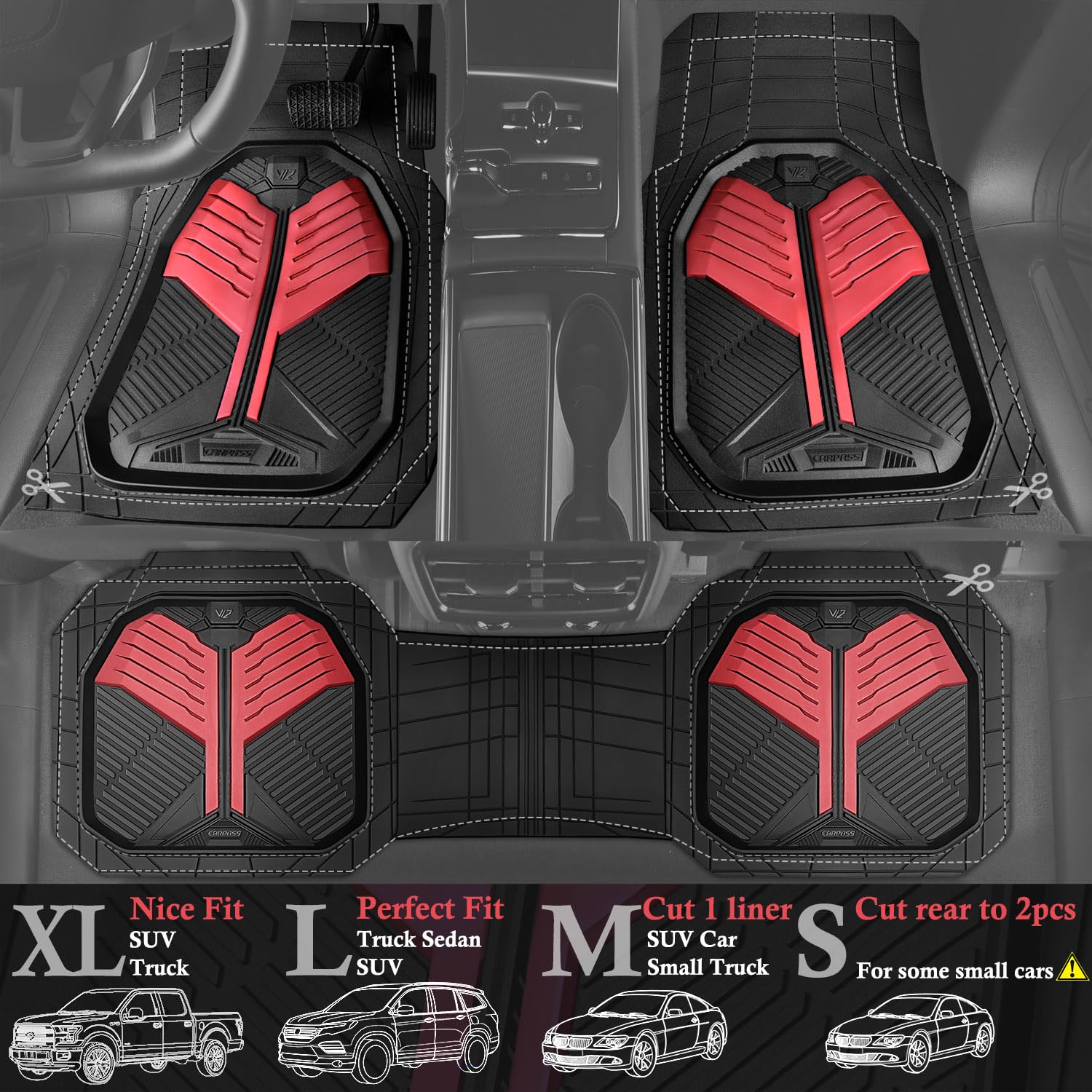 Car Pass Heavy Duty Rubber Car Mats, Deep-Dish Car Floor Mats All Weather, Universal Two-Tone Trim-To-Fit For Suvs Trucks Sedans