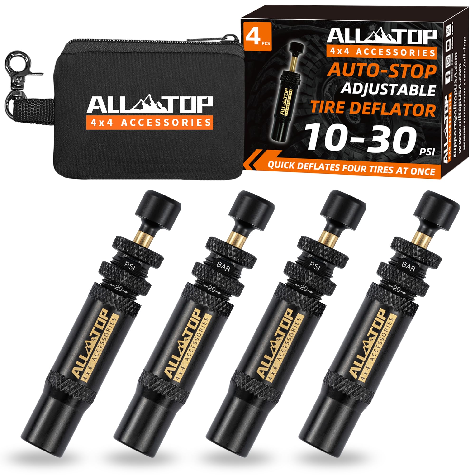 All-Top Adjustable Auto-Stop Tire Deflator Valve Kit (10-30 Psi) 4 Pcs Screw-On Tyre Air Down Tool For Offroad 4X4 (With 5 Valve Caps)