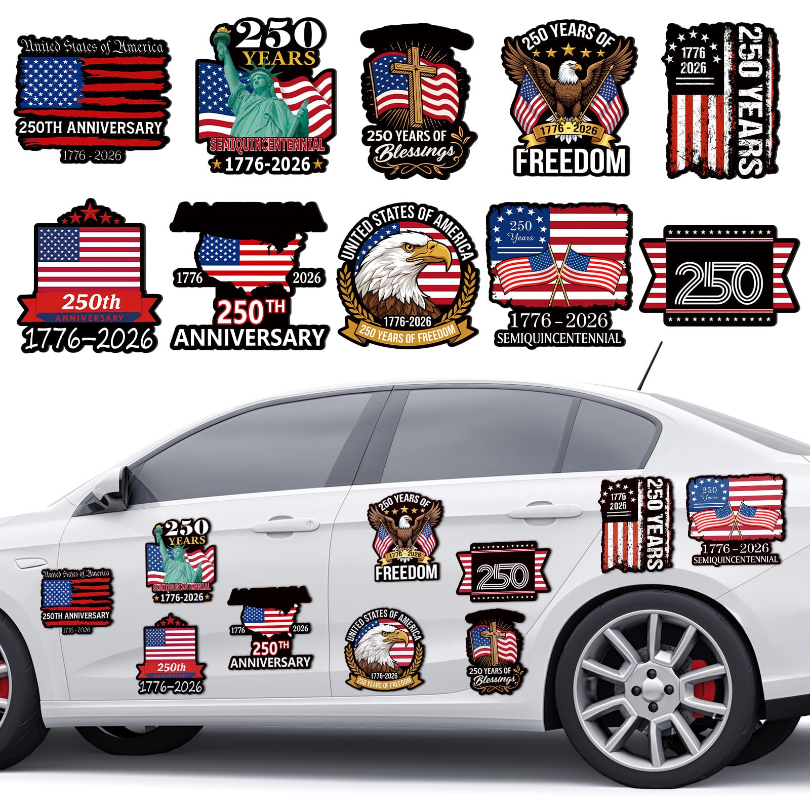 Sabary 10 Pcs 250th Anniversary Car Magnetic Sticker 1776-2026 Patriotic Flag Freedom Eagle Design Car Body Refrigerator Magneti
