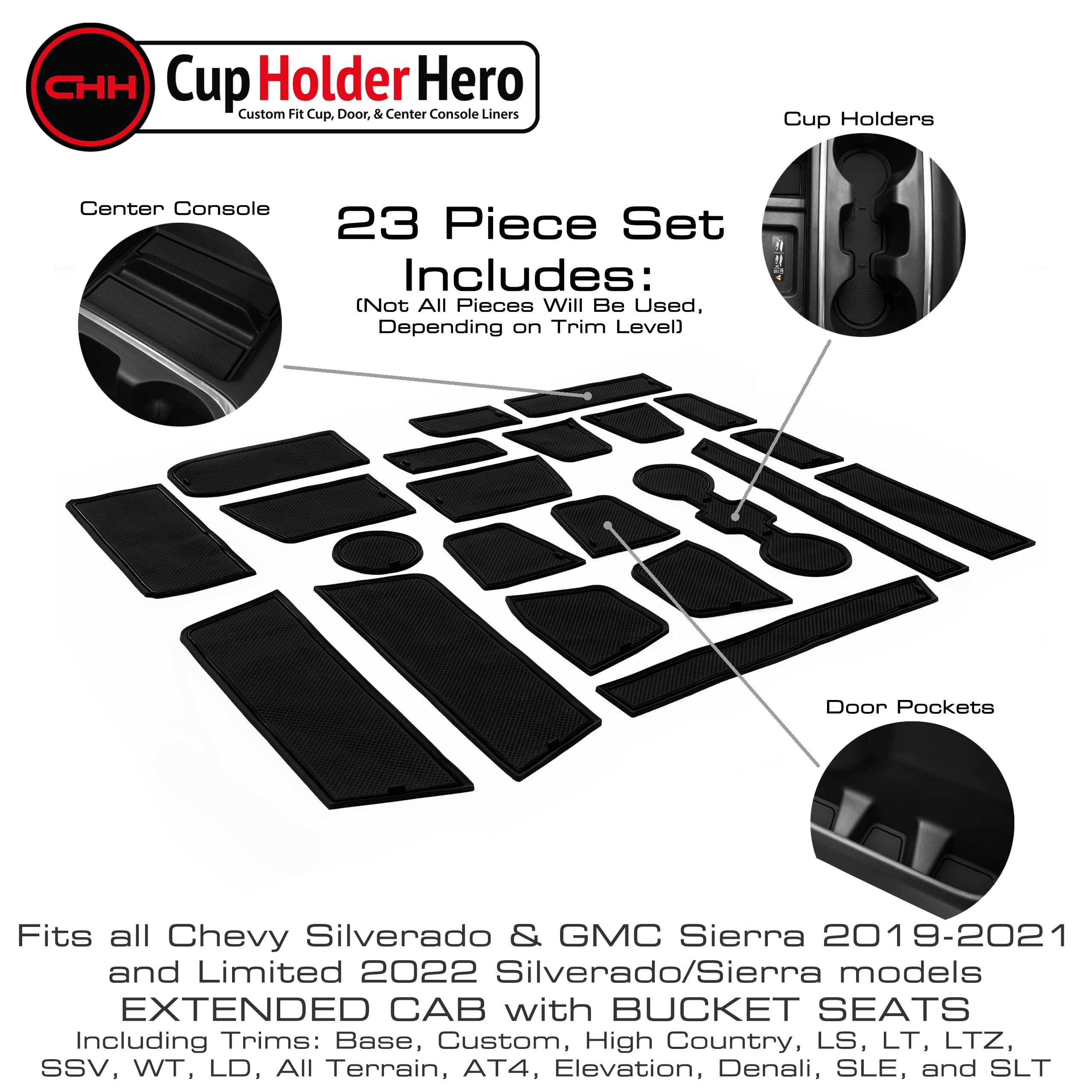 CupHolderHero Cup Holder Insert Set for Chevy Silverado/GMC Sierra 2014-2022, 23pc, Solid Black, Bucket Seat, Non-Slip, Anti-Dust