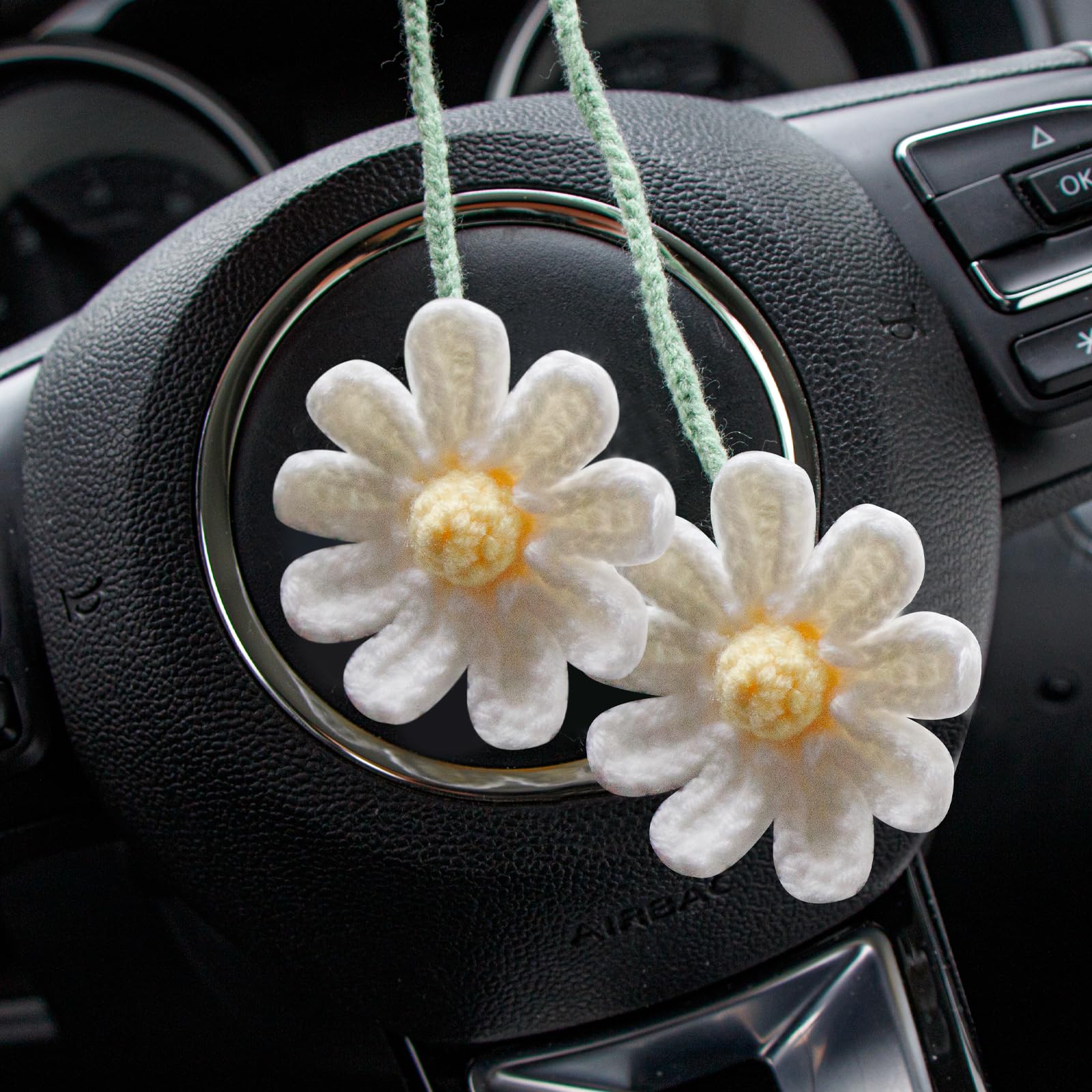 Cute Crochet Flower Car Accessories for Women Rear View Mirror Accessories Handmade Knitted Daisy Car Decor Car Accessories Aest