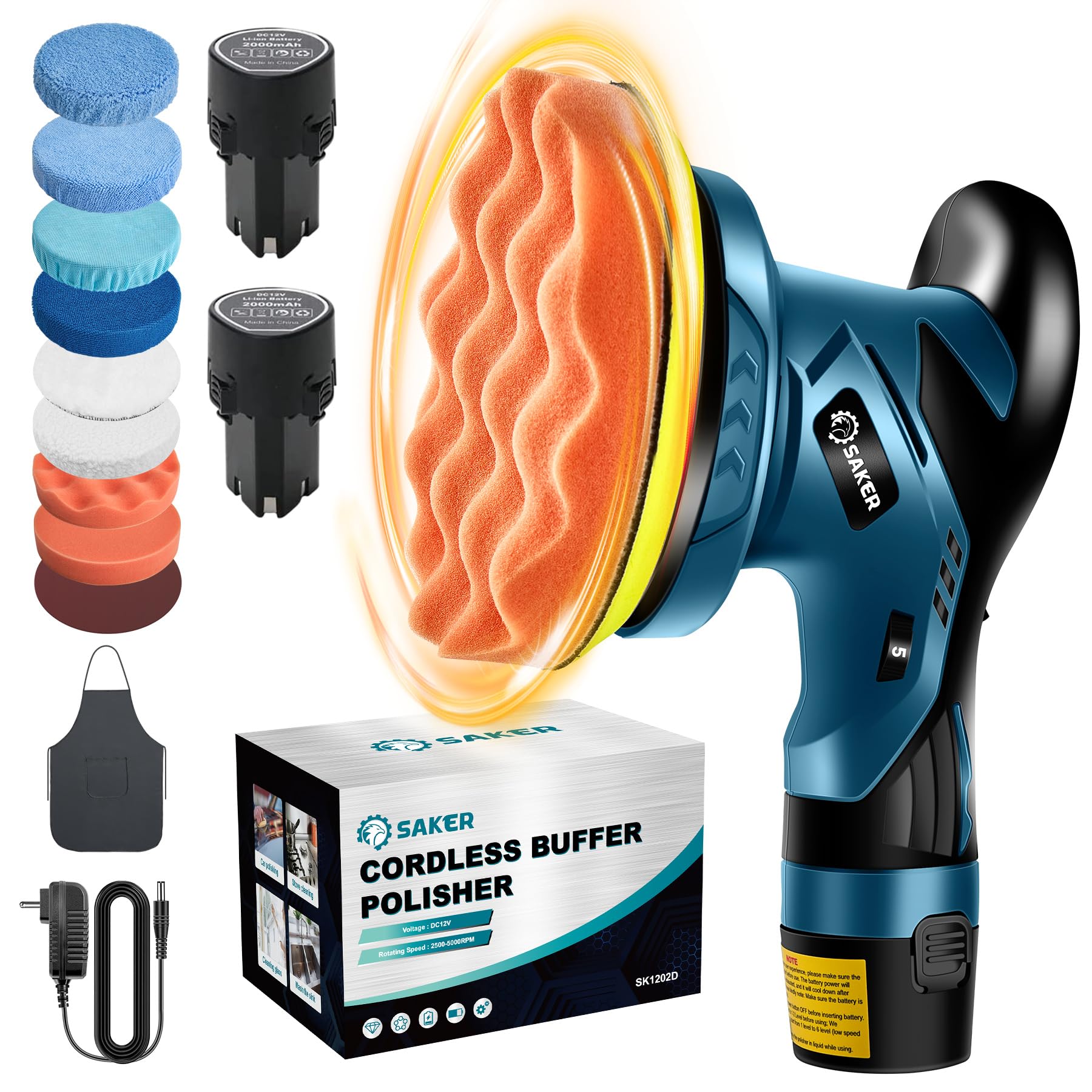 Saker Cordless Car Buffer Polisher - 6 Inch Portable Waxer Machine Kit with 2x2000mAh Batteries & 6 Variable Speed, Extra 16 PCS